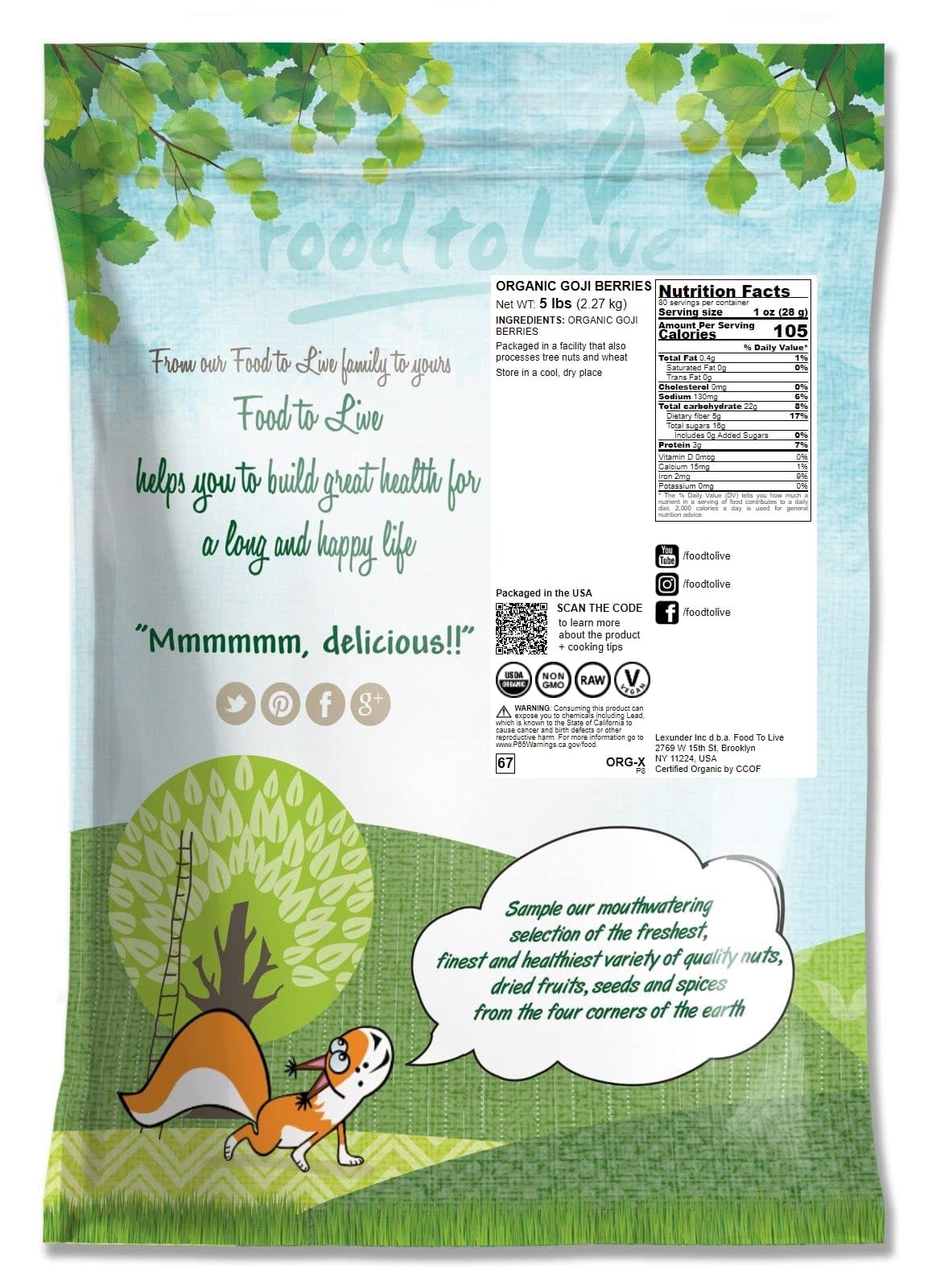 Food To Live Organic Goji Berries, 5 Pounds – Non-Gmo, Sun-Dried, Large And Juicy, Unsweetened, Sirtfood, Vegan, Bulk. High In Iron, Vitamins A, And C. Fruit Snack. Perfect For Baked Goods, Oatmeal.