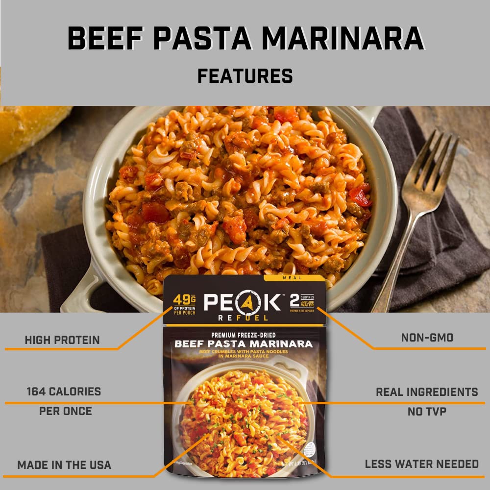 Peak Refuel Beef Pasta Marinara | 49G Protein | 1040 Calories | 100% Real Meat | Enhanced Freeze Dried Backpacking & Camping Food | 2 Servings | Ideal Mre Survival Meal (2 Serving Pouch)