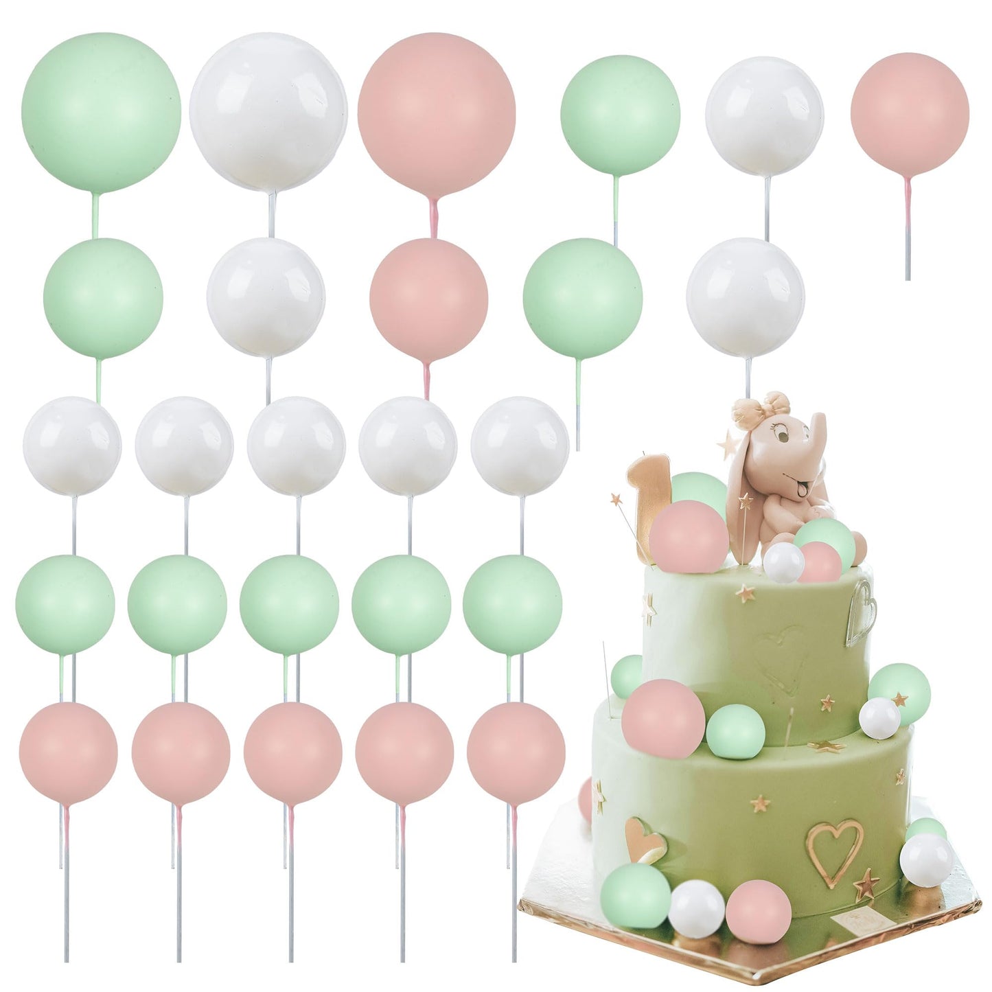 Gyufise 30Pcs Ball Cake Topper Mini Balloons Decorations for Wedding and Birthday, Foam Balls, White Green Pink