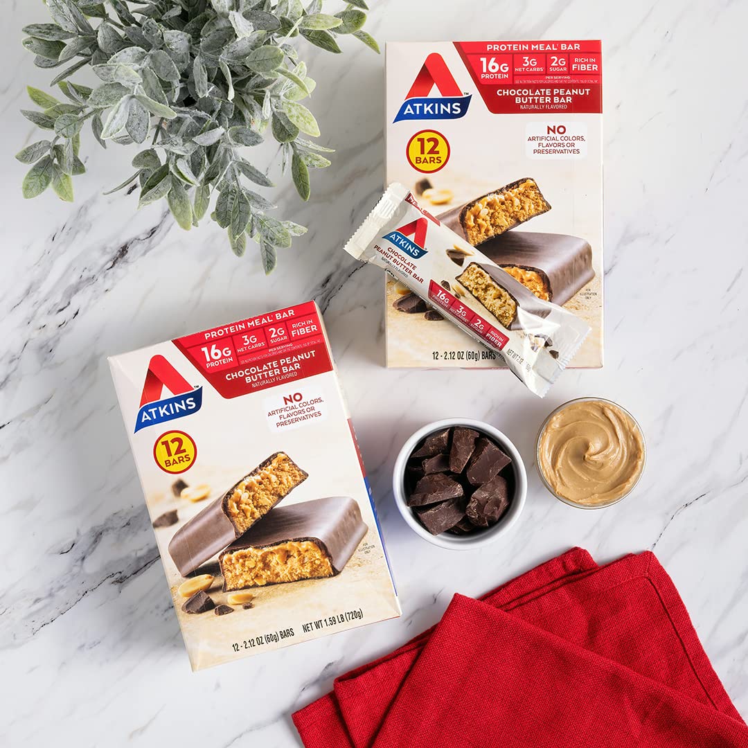 Atkins Chocolate Peanut Butter Protein Meal Bar, High Fiber, 16g Protein, 2g Sugar, 3g Net Carb, Meal Replacement, Low Carb, Ket