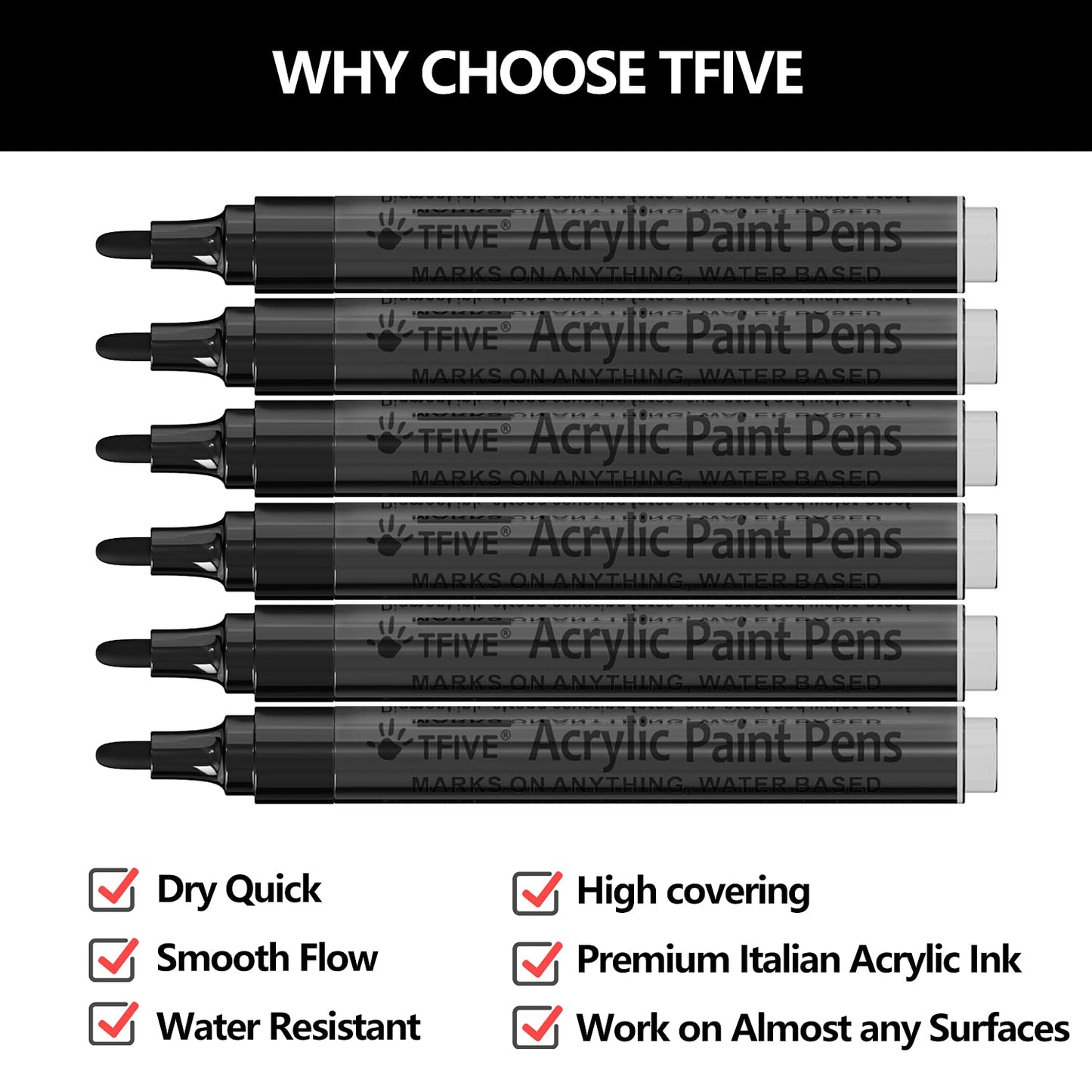 Black Acrylic Paint Marker Pens - 2-3Mm Medium Tip, 6 Pack Permanent Black Water Based Paint Pen For Diy Projects, Paintings For