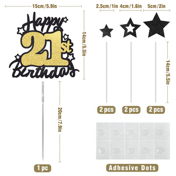 Happy 21St Birthday Cake Topper, Black And Gold Glitter Cake Toppers, 21 Year Birthday Party Cake Decoration