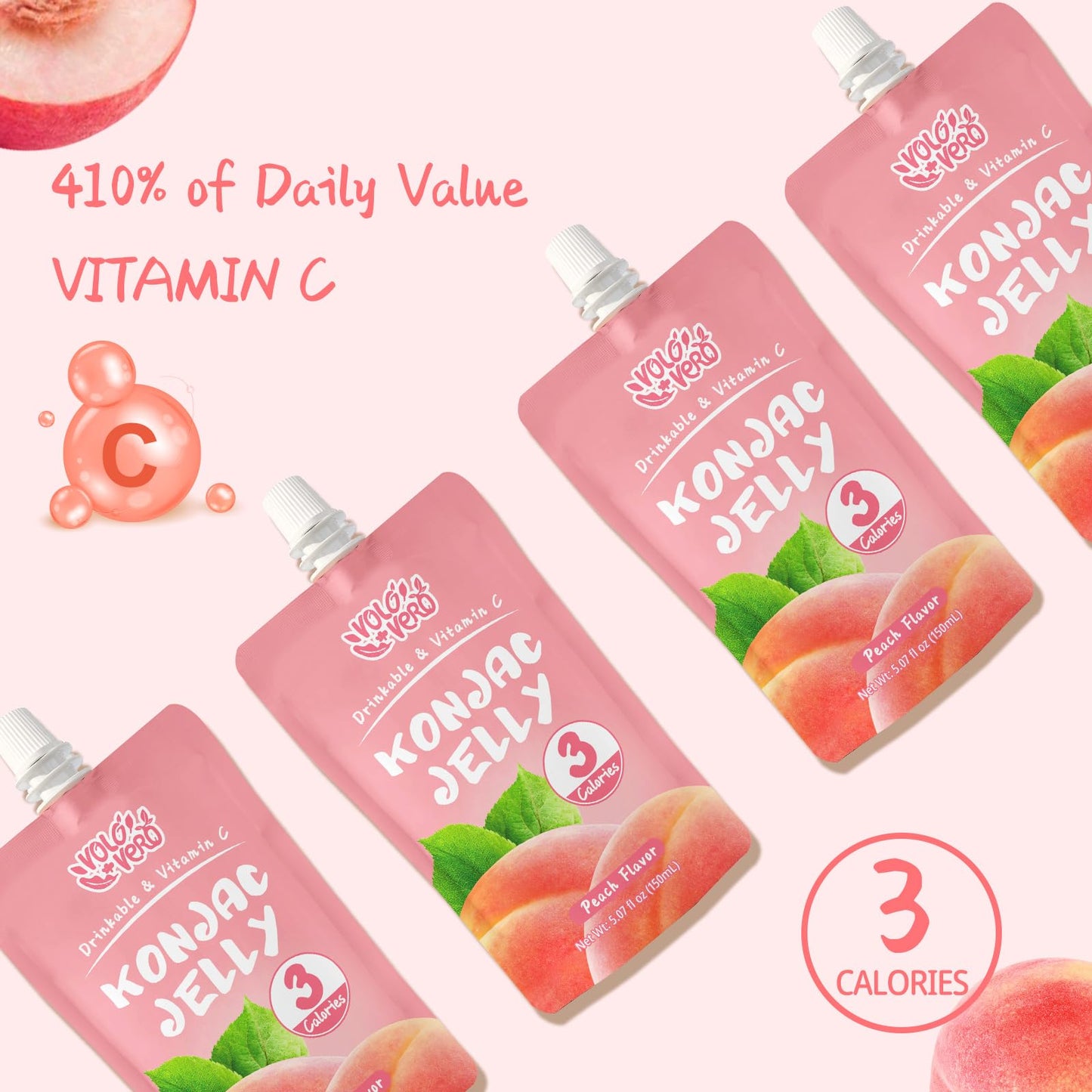 VOLO VERO Konjac Jelly Squeeze Pouch Peach Flavor, Low Calories (3 Kcal), 10 Packs, Gluten Free & Vegan, 0 Sugar, Keto, Low Carb