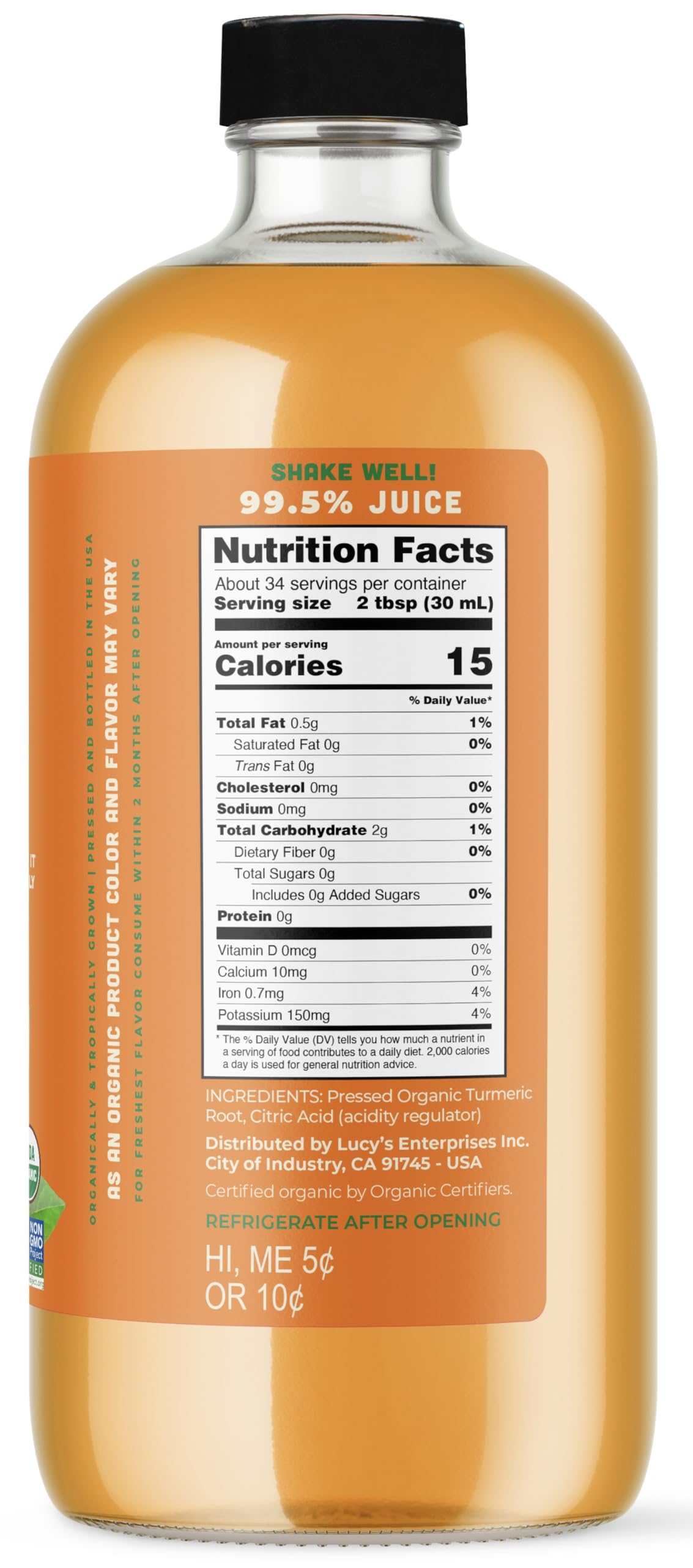 Lucys Organic Non-GMO Turmeric Juice, 34 Fl Oz, Fresh Pressed in Glass Bottle