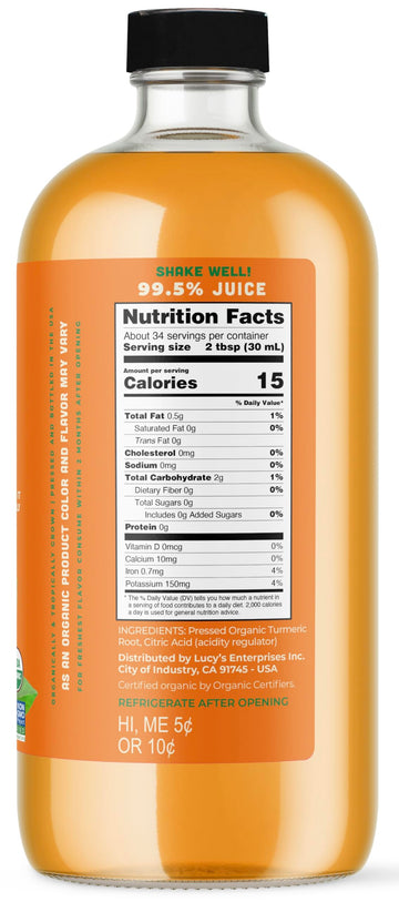 Lucys Organic Non-GMO Turmeric Juice, 34 Fl Oz, Fresh Pressed in Glass Bottle