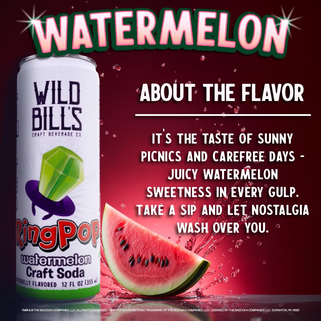 Wild Bills Watermelon Ring Pop Craft Soda - Pure Cane Sugar, Caffeine Free, Vegan, Gluten Free - 12 Oz Cans, 12 Pack