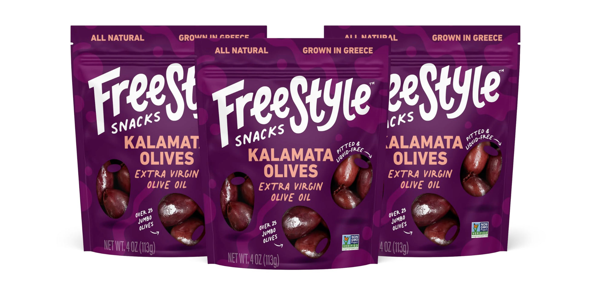Freestyle Snacks  Olive Snack Packs - Fresh Pitted Kalamata Olives  Marinated In Extra Virflavor Blend Olive Oil  Salty Snack  Grown In Greece  All Natural  Non-Gmo  Paleo  Keto Snacks - Kalamata  4Oz (3 Pack)