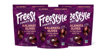Freestyle Snacks  Olive Snack Packs - Fresh Pitted Kalamata Olives  Marinated In Extra Virflavor Blend Olive Oil  Salty Snack  Grown In Greece  All Natural  Non-Gmo  Paleo  Keto Snacks - Kalamata  4Oz (3 Pack)