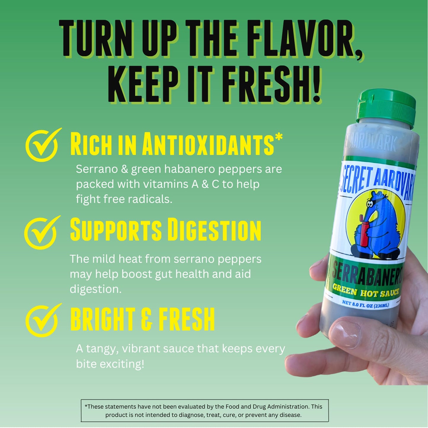 Secret Aardvark Hot Sauce - Serrano & Green Habanero, Non-GMO, Low Carb, 8 Fl Oz (Pack of 3)