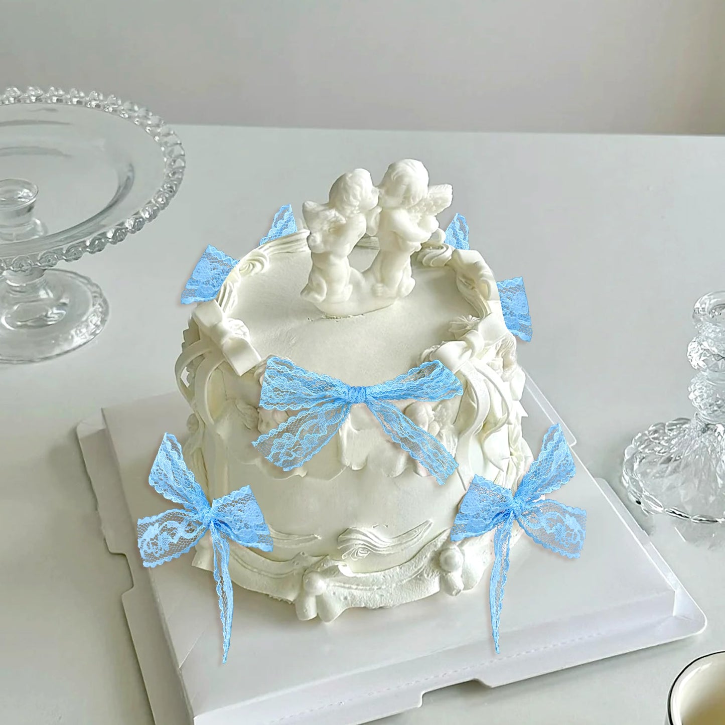 Cyodoos 24Pcs Blue Bow Cupcake Toppers Lace Bowknot Cupcake Toppers Cake Dessert Picks Decoration For Bridal Shower Bachelorette