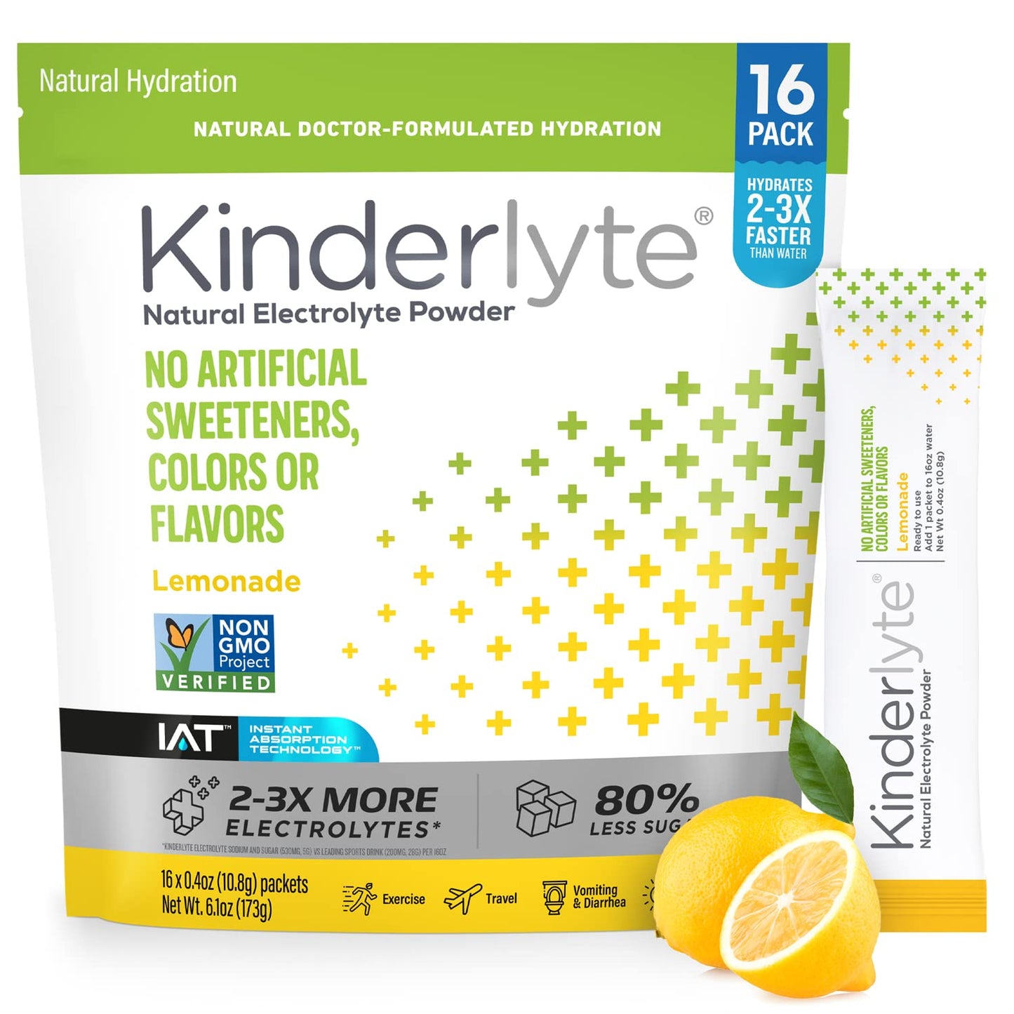 Kinderlyte Electrolyte Powder for Kids and Adults - Drink Mix Hydration Packets (Lemonade, 16 Count), No Artificial Sweeteners o