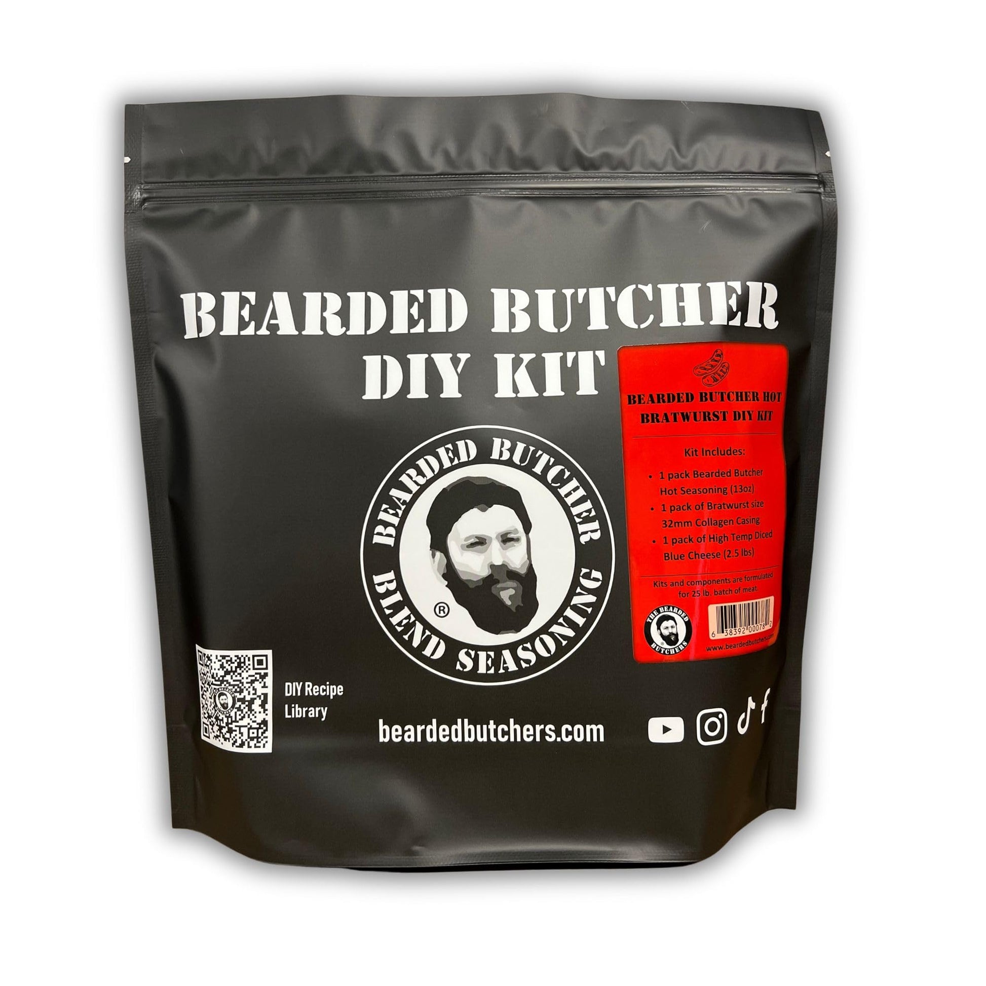 BEARDED BUTCHER HOT BRATWURST DIY KIT - Spicy Habanero & Blue Cheese, 60 oz, Includes Seasoning & Collagen Casings for 25 lbs of