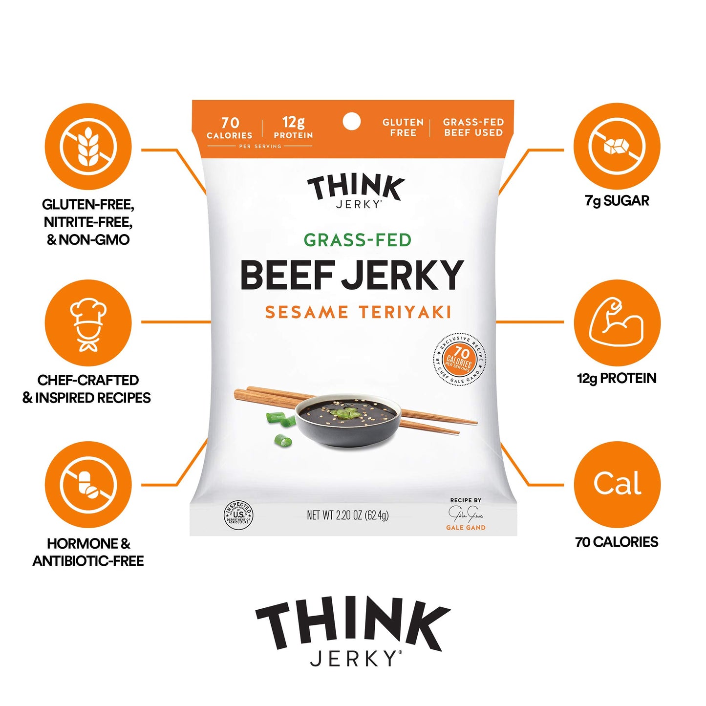 Think Jerky Sesame Teriyaki Beef Jerky, Gluten Free, High Protein, 2.2 oz Bags, 8 Pack