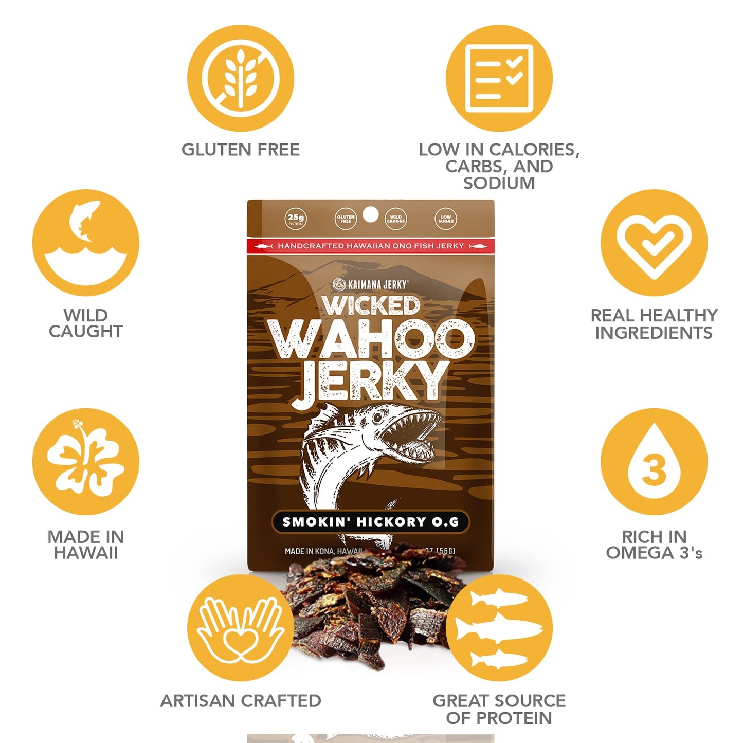 Smokin Hickory O.G Wahoo Ono Fish Jerky - Organic, Gourmet Smoked Fish Strips, Rich In Omega-3 & Protein, Low-Calorie, Low Sodium & Sugar - Smoky Umami Flavor - 2Oz Bag