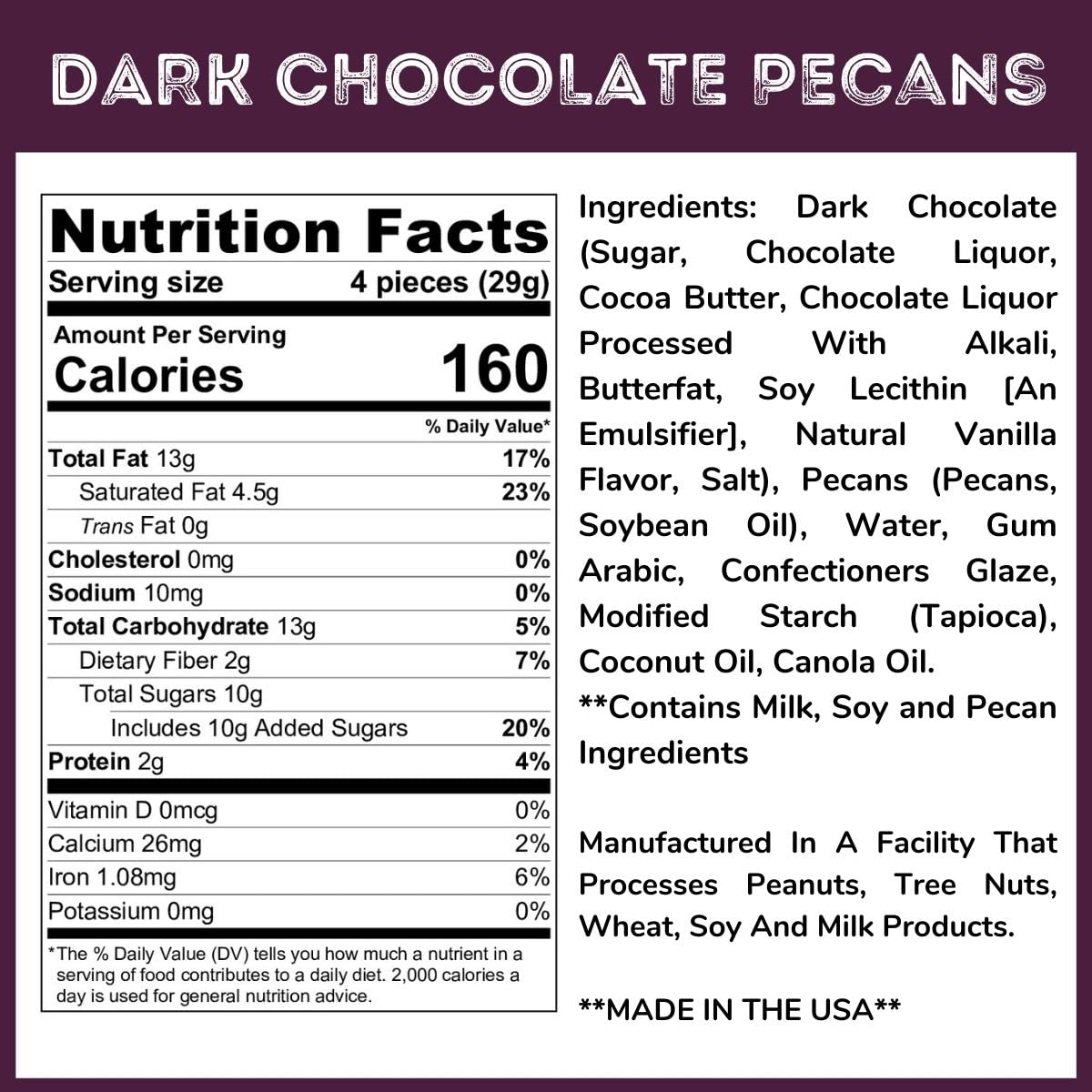 Dark Chocolate Pecans - 1.5 Lb Tub