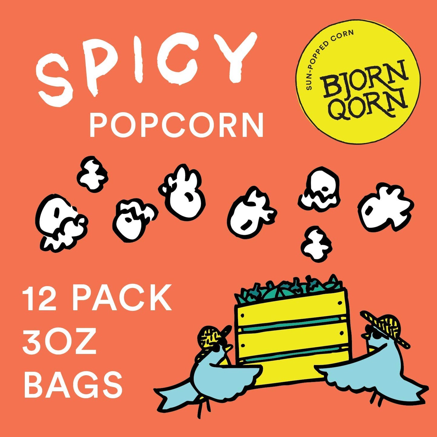 BjornQorn Spicy 12-Pack Popcorn - Vegan & Gluten-Free - Cheesy, Spicy, Umami - (12 3oz bags)