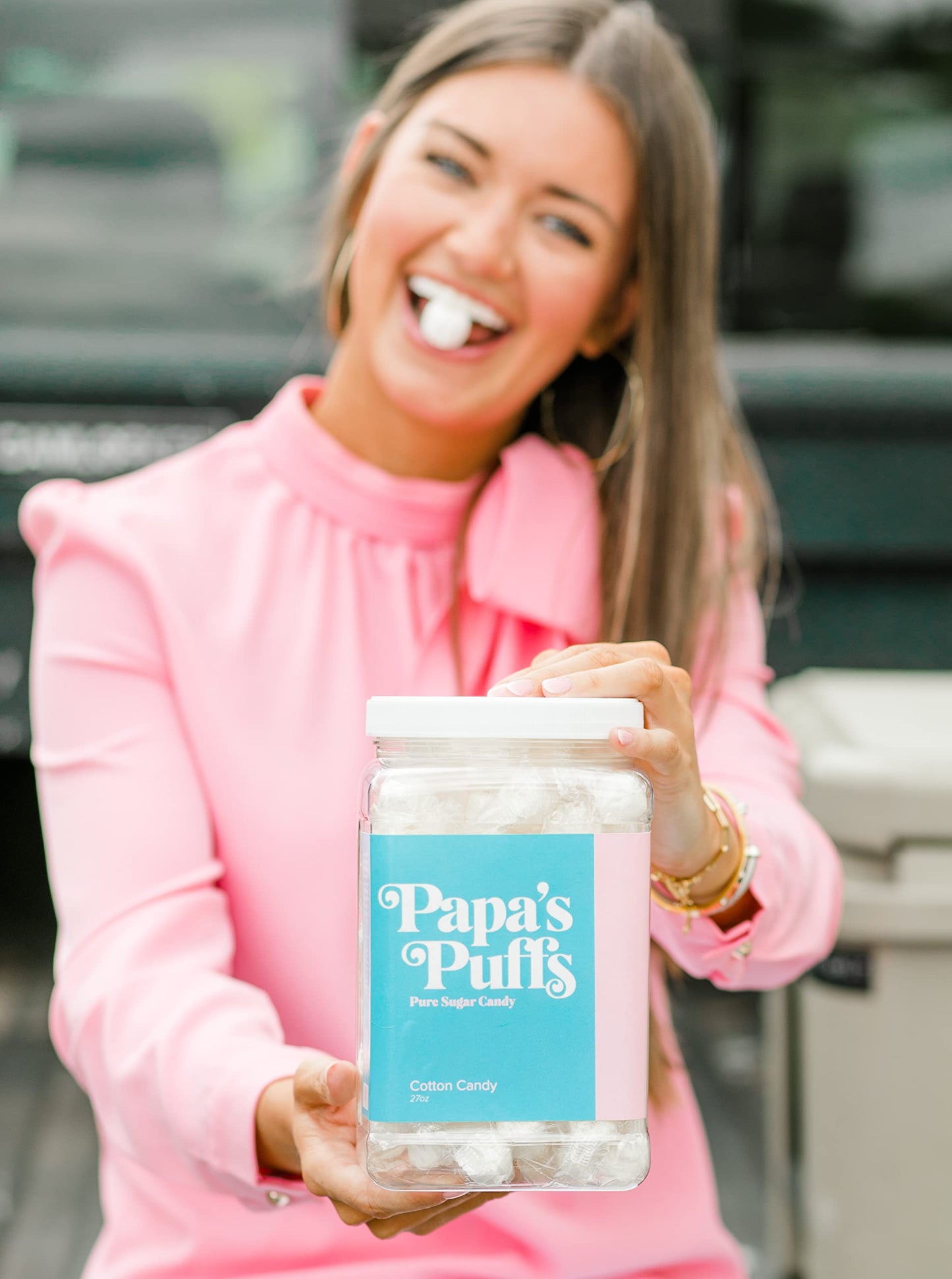 PAPAS PUFFS Cotton Candy Flavored Sugar Candy - Fat-Free, Gluten-Free, 1.68 lb, White, Individually Wrapped in Resealable Tub