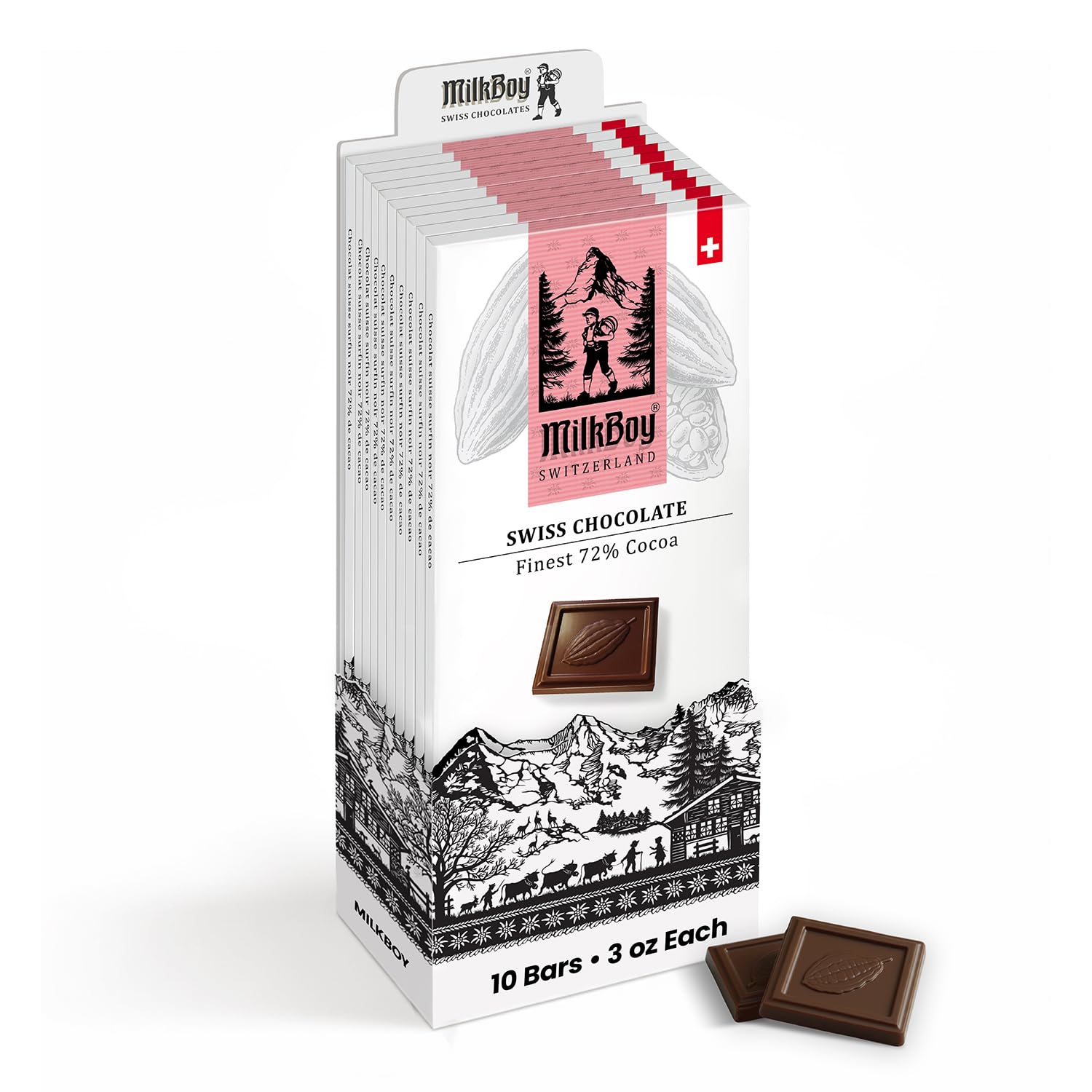 Milkboy Swiss Chocolates Dark Chocolates - 72% Cocoa  Made In Switzerland  Dairy Free  Vegan  Gluten-Free  Non-Gmo  Kosher  Sustainably Farmed  European Chocolate - 3 Oz  Pack 10