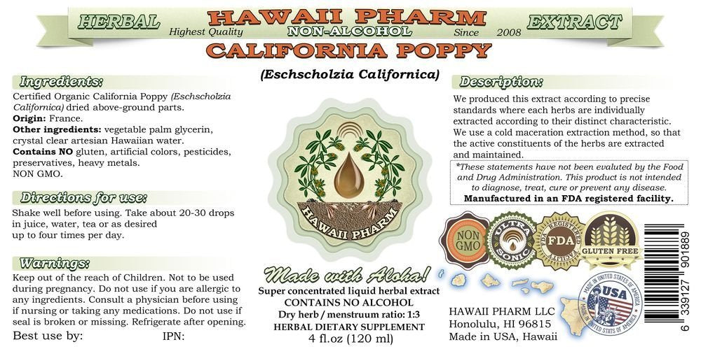 Hawaii Pharm Organic California Poppy Glycerite Herbal dietary product 4 Fl Oz Glass