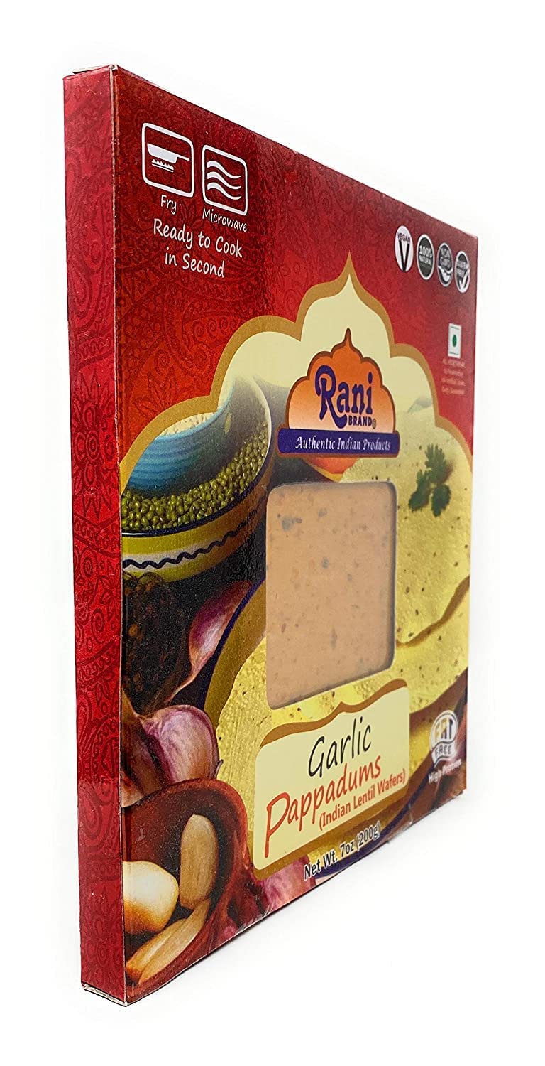 Rani Pappadums (Indian Lentil Wafer Snack) Garlic Papad 7Oz (200G) Approximately 15Pc, 7 Inches, Pack Of 12 ~ All Natural | Glut