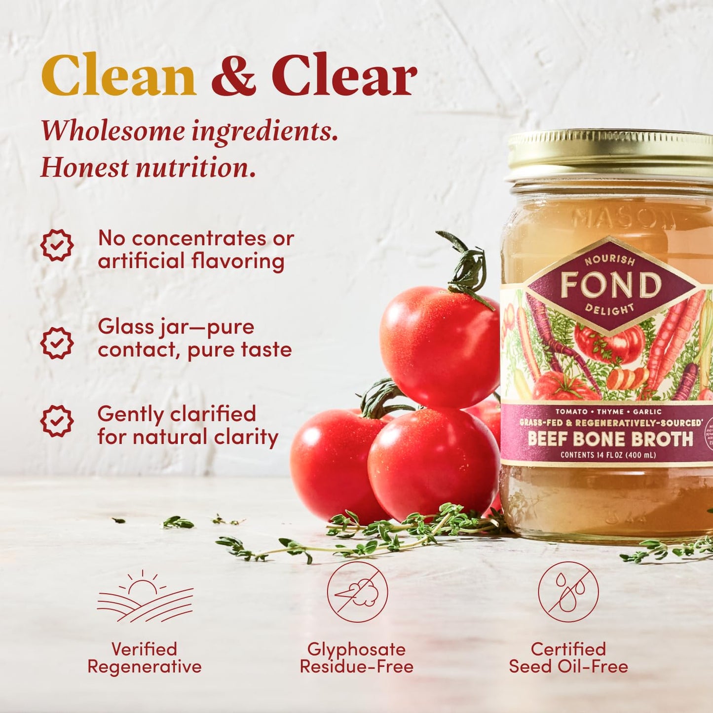 Fond Regenerative Grass Fed Beef Bone Broth Infused With Organic Tomato & Thyme – Slow-Simmered Beef Broth For Rich And Nourishing Flavor, Nutrient-Dense, Artisan Quality – 14 Oz (8-Pack)