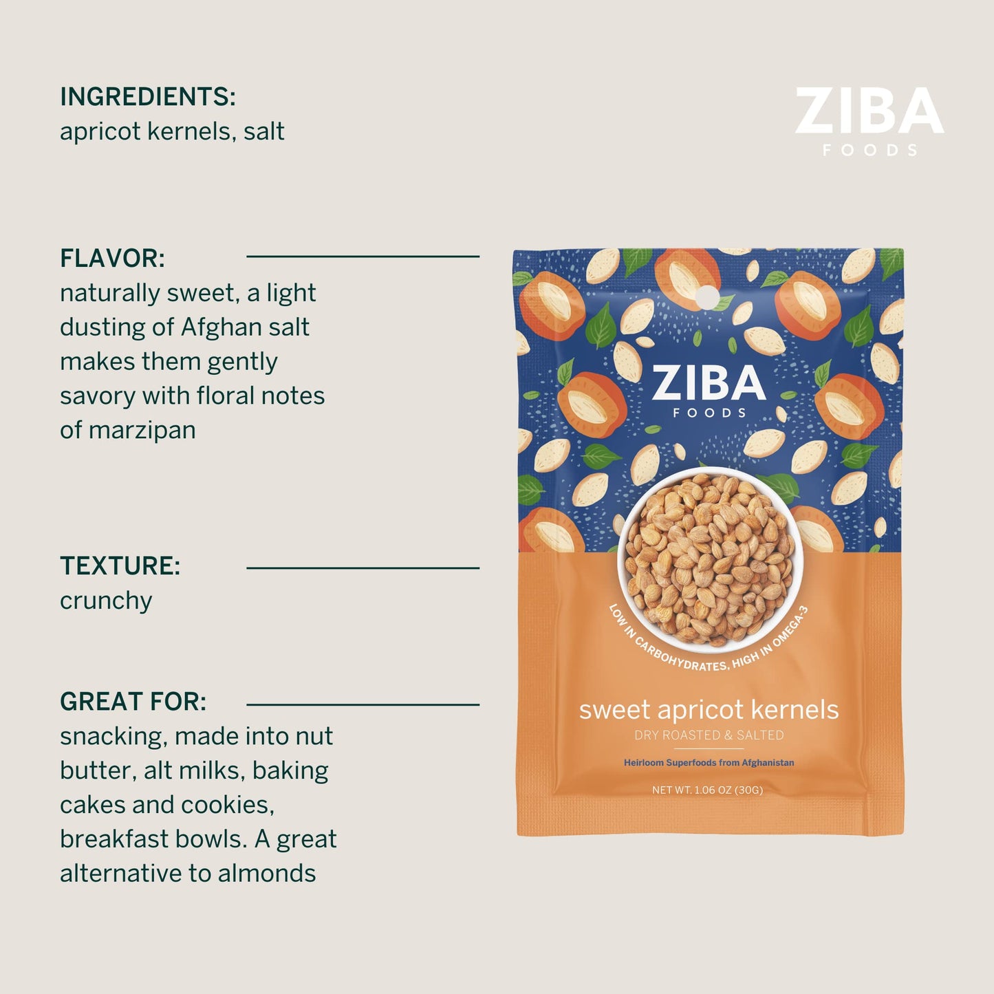 Ziba Foods Wild Grown Sweet Apricot Kernels, Non-GMO, Vegan, 1.06 oz, Pack of 6