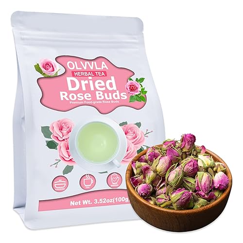 Olvvla - Dried Rose Bud For Fragrant Herbal Tea - 3.52Oz/100G - Delicate Sweet And Refreshing - Natural Pink Rosebud Flower For