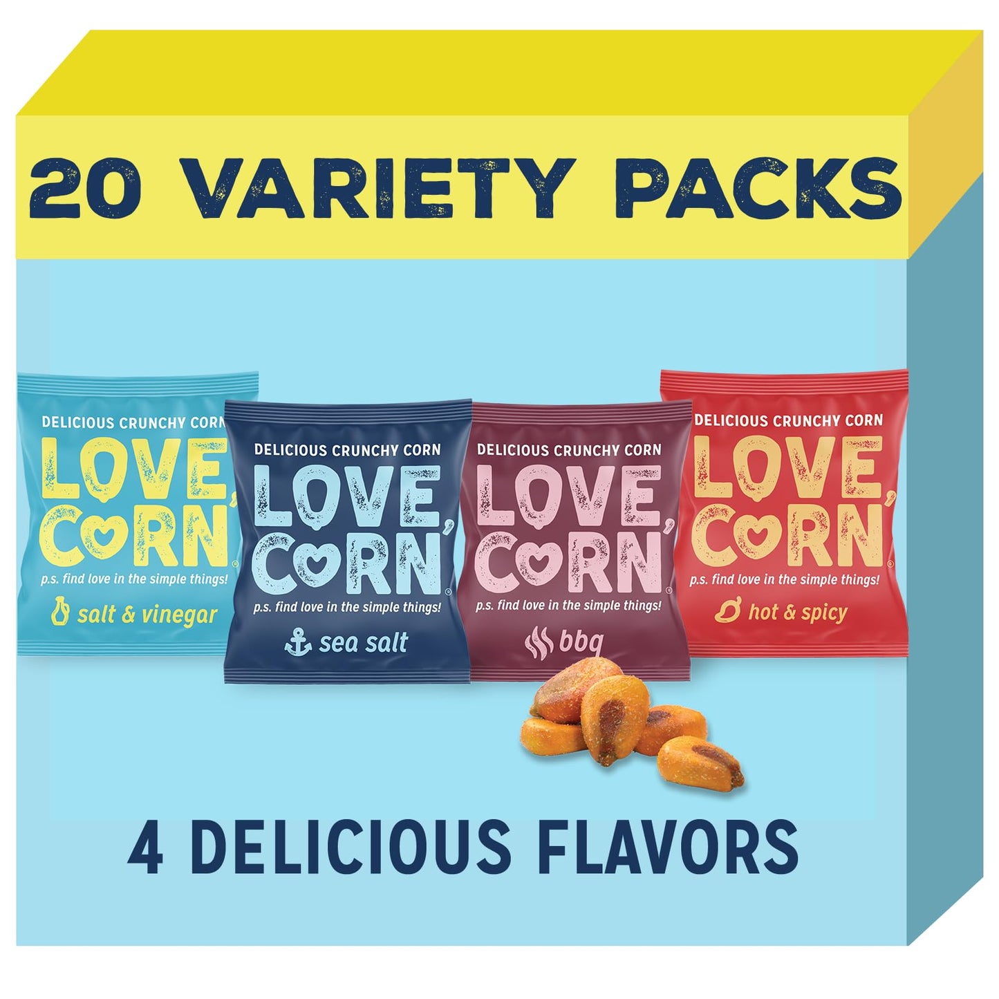 Love Corn Fab Four - Sea Salt, Bbq, Salt & Vinegar, Hot Spicy 0.7Oz X 20 Delicious Crunchy Corn Healthy Family Snacks Gluten Fre