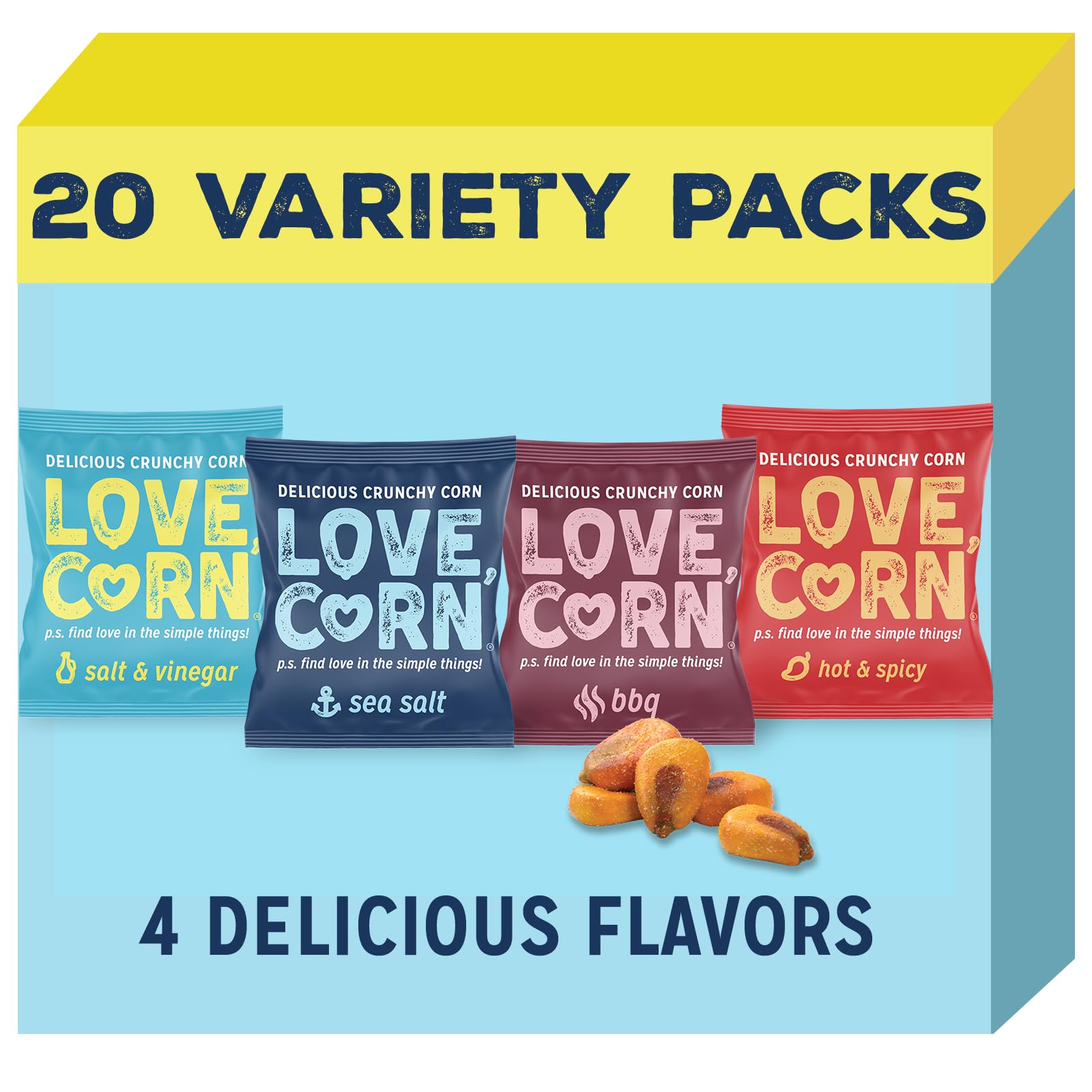Love Corn Fab Four - Sea Salt, Bbq, Salt & Vinegar, Hot Spicy 0.7Oz X 20 Delicious Crunchy Corn Healthy Family Snacks Gluten Fre