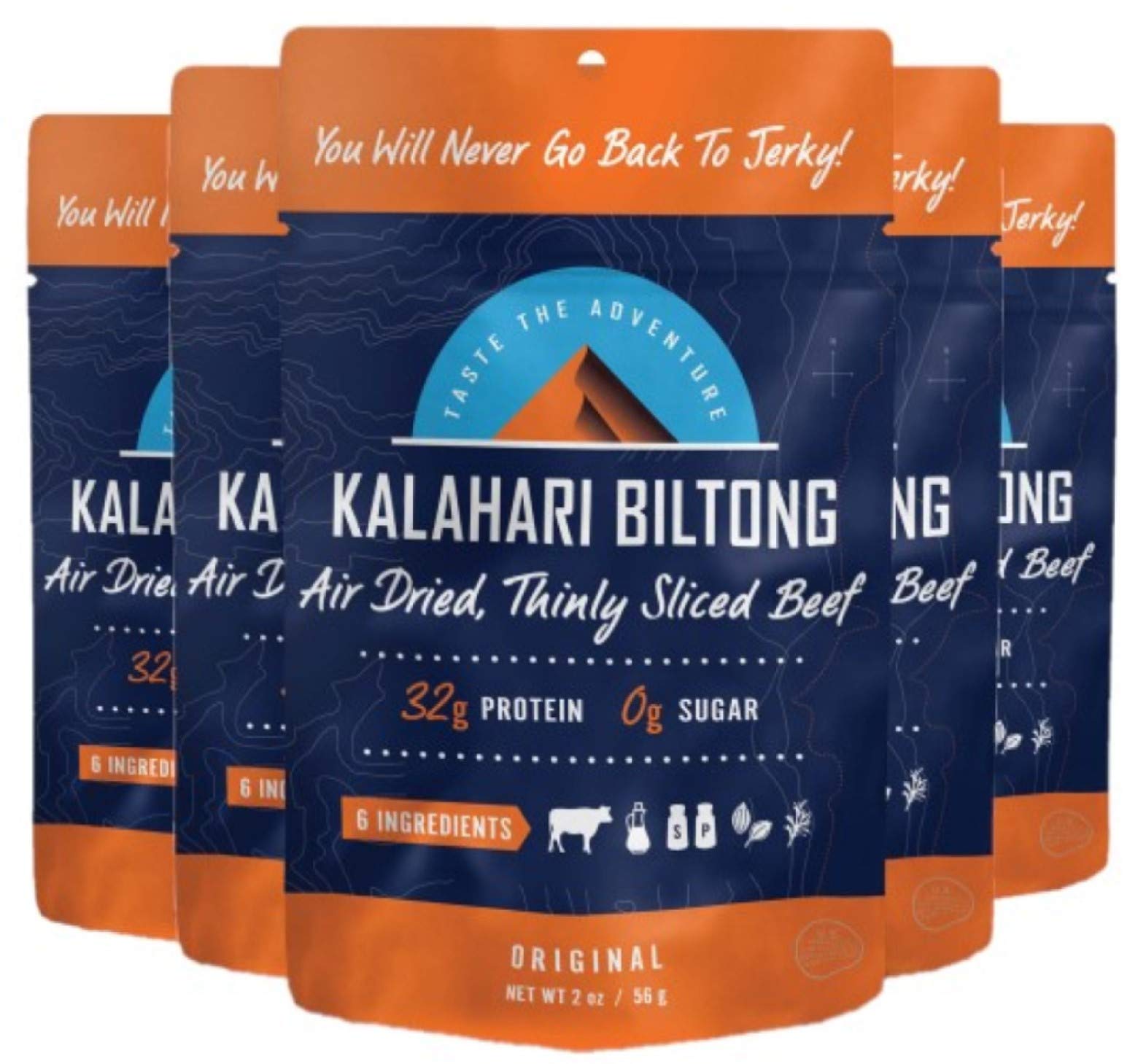 Original Kalahari Biltong, Air-Dried Thinly Sliced Beef, 2Oz (Pack Of 5), Sugar Free, Gluten Free, Keto & Paleo, High Protein Sn