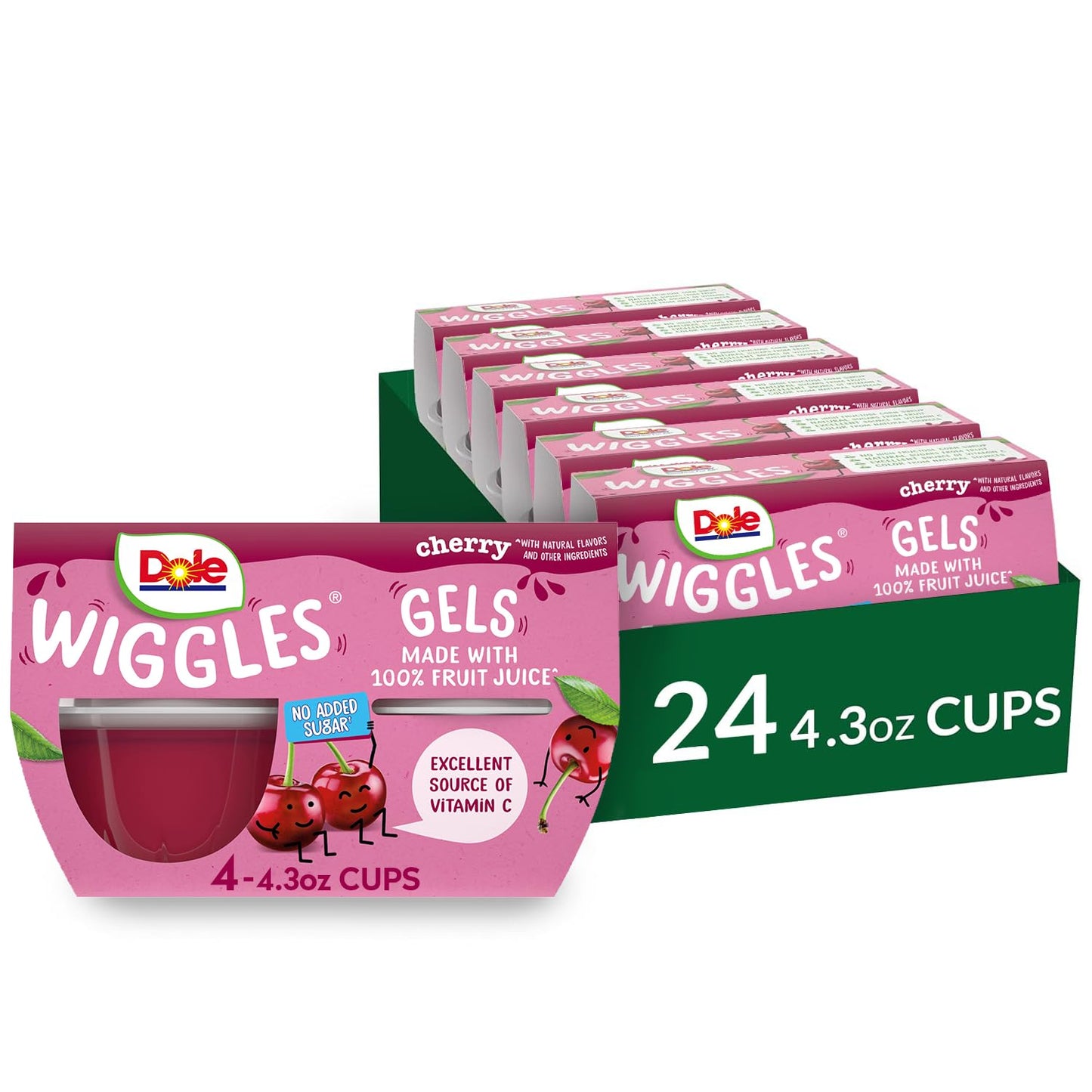 Dole Wiggles No Sugar Added Cherry Fruit Juice Gel Snacks, 4.3oz 24 Total Cups, Gluten & Dairy Free, Bulk Lunch Snacks for Kids 
