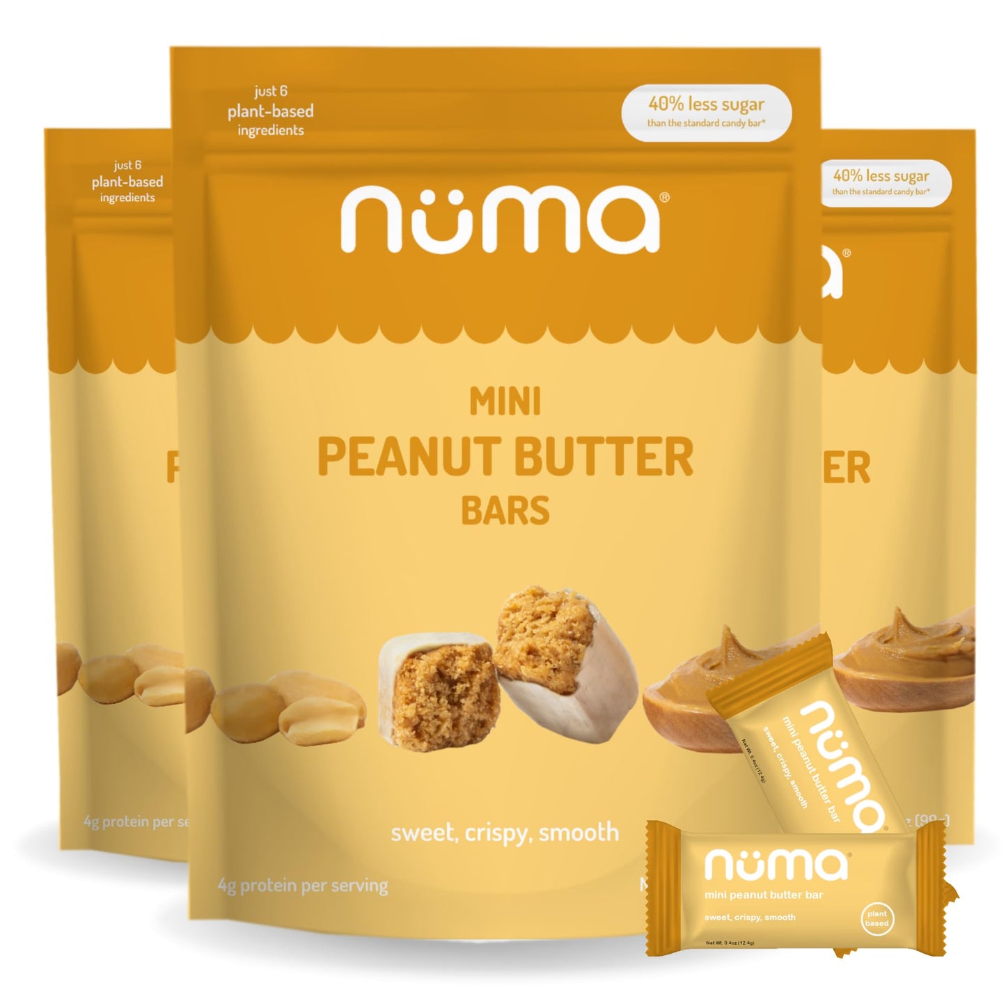 Numa Foods Mini Peanut Butter Bars - Vegan, Low Sugar, High Protein, All Natural, Gluten Free - Crunchy Plant Based Peanut Butte