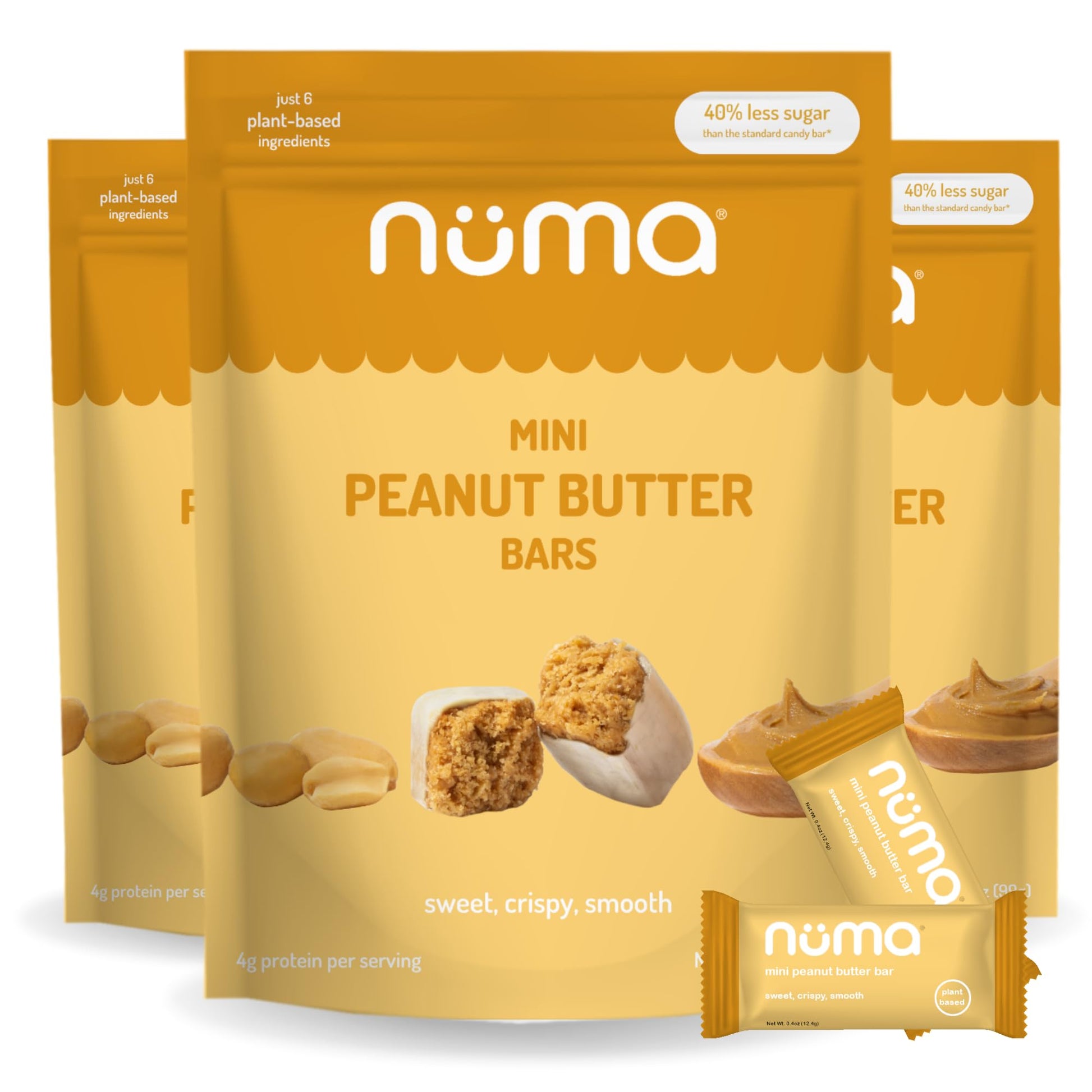 Numa Foods Mini Peanut Butter Bars - Vegan, Low Sugar, High Protein, All Natural, Gluten Free - Crunchy Plant Based Peanut Butte