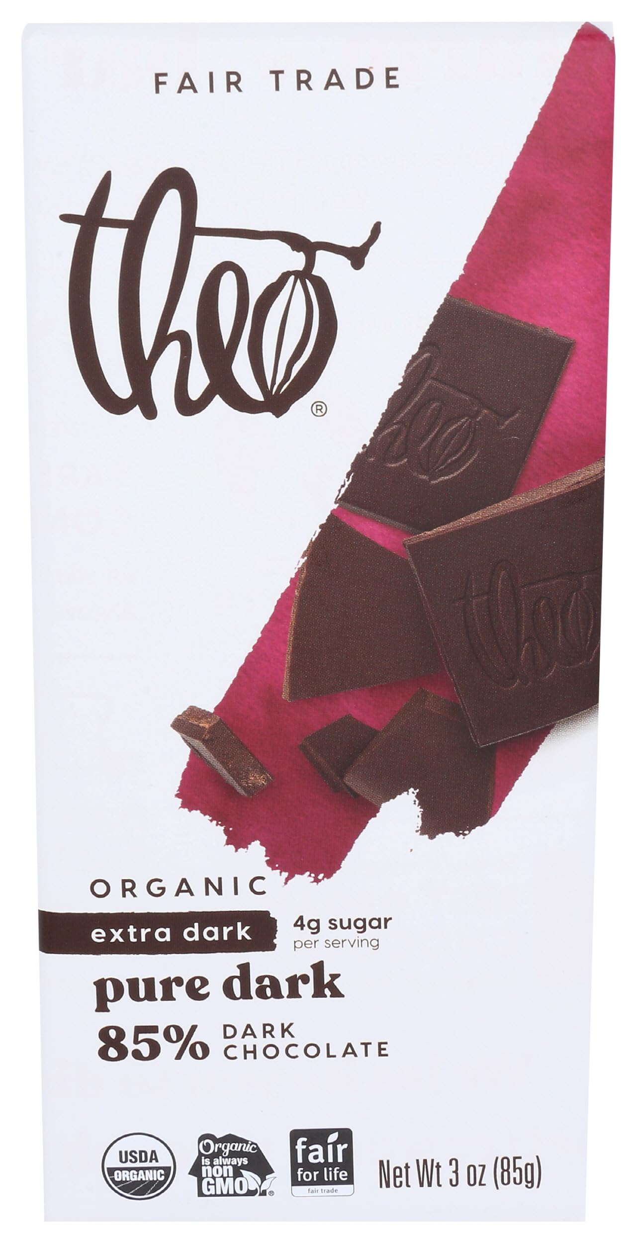 Theo Chocolate Pure Organic Dark Chocolate Bar, 85% Cacao, 1 Bar | Vegan, Fair Trade