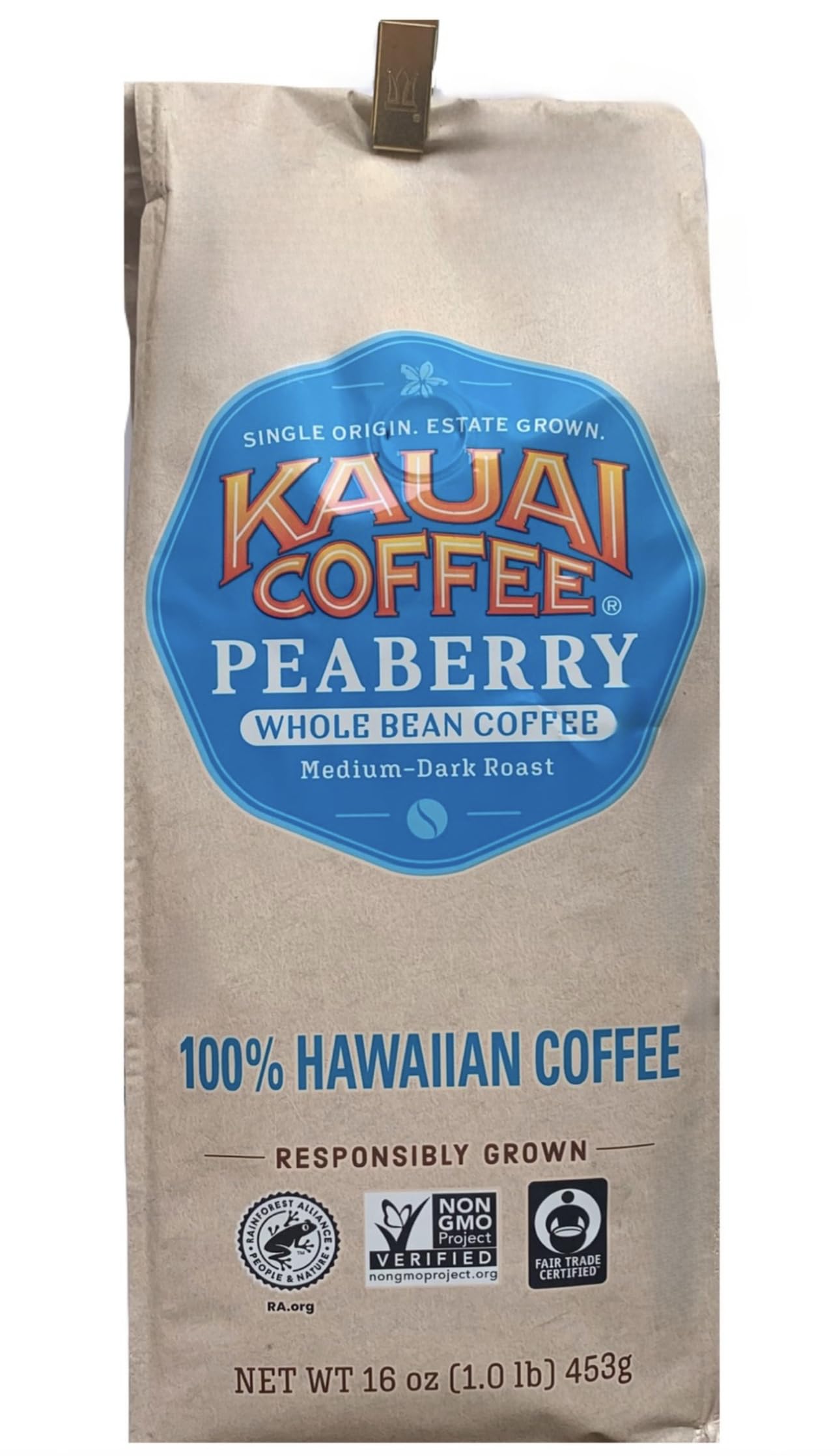 Kauai Coffee 100% Hawaiian Peaberry Whole Bean Coffee - 1Lb
