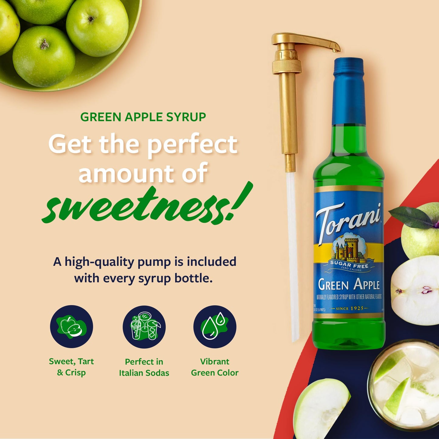 Torani Sugar Free Syrup, Green Apple Flavoring For Drinks, Zero Calorie, Pump Included, 25.4 Fl Oz