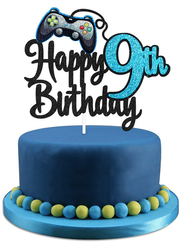 Video Game Happy 9Th Birthday Cake Topper - Video Game Boy'S 9Th Birthday Party Blue Cake Supplies - Game On Level Up Winner Par