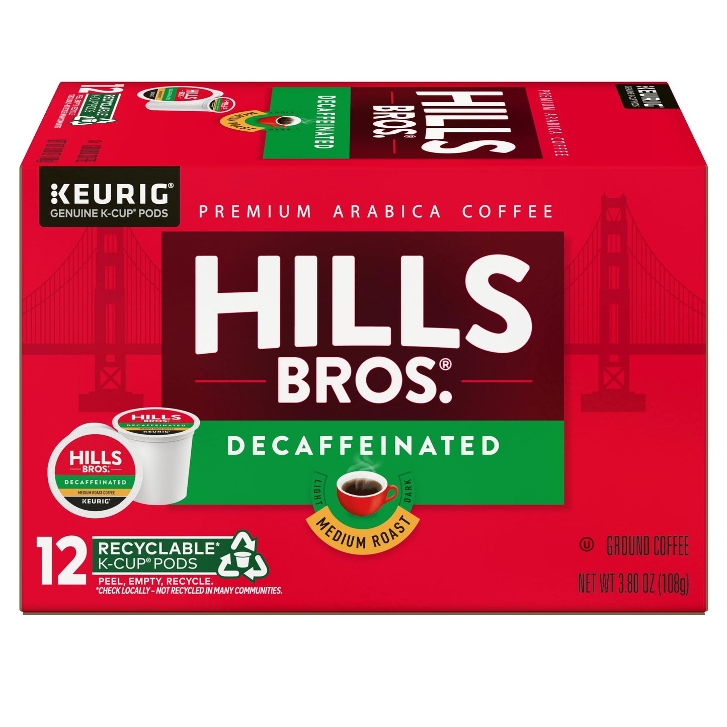 Hills Bros. Decaf Blend Keurig K-Cup Pods – Medium Roast, 12 Count, Kosher