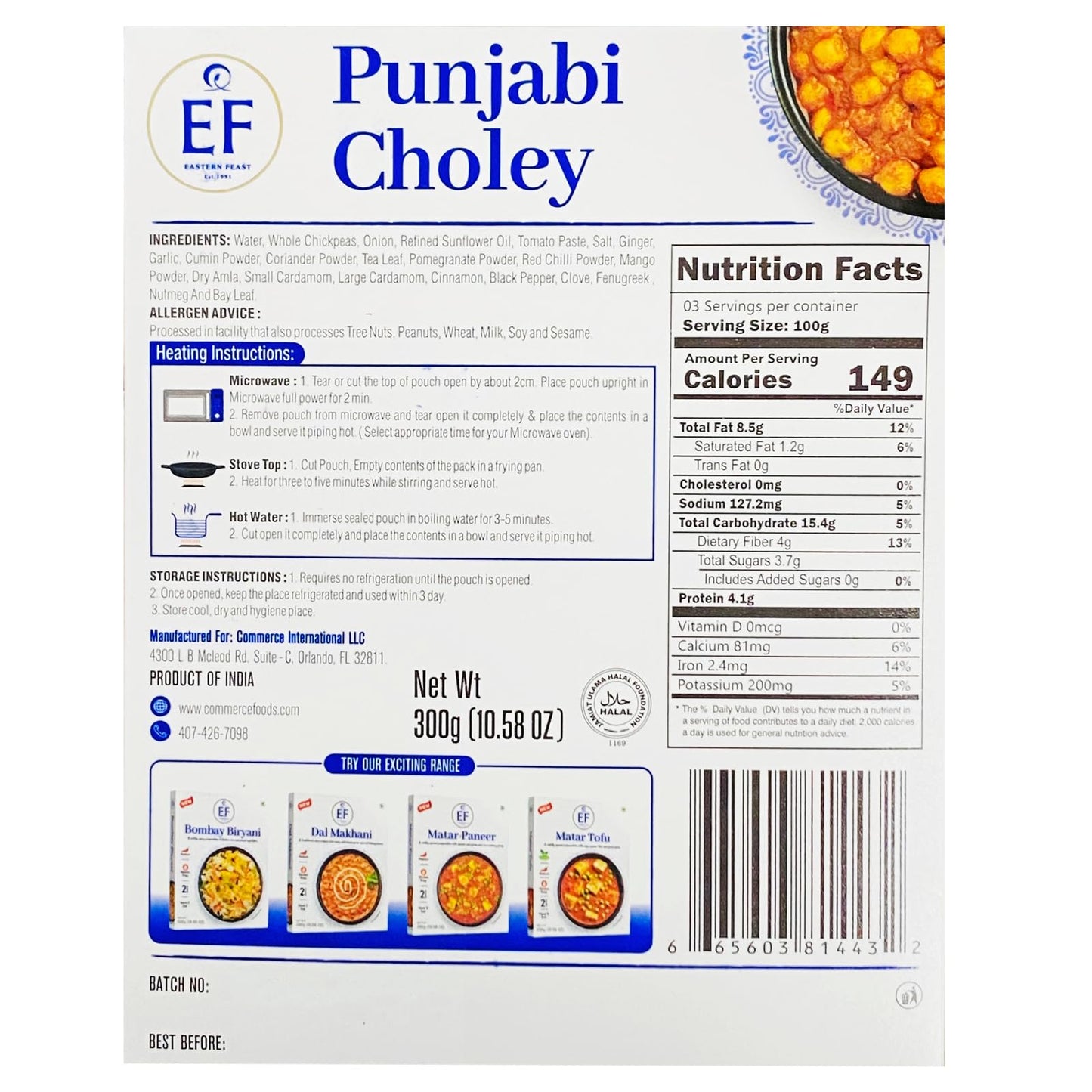 Eastern Feast - Punjabi Choley, Ready To Eat Meals, (Pack Of 4), Vegetarian, Gluten Free