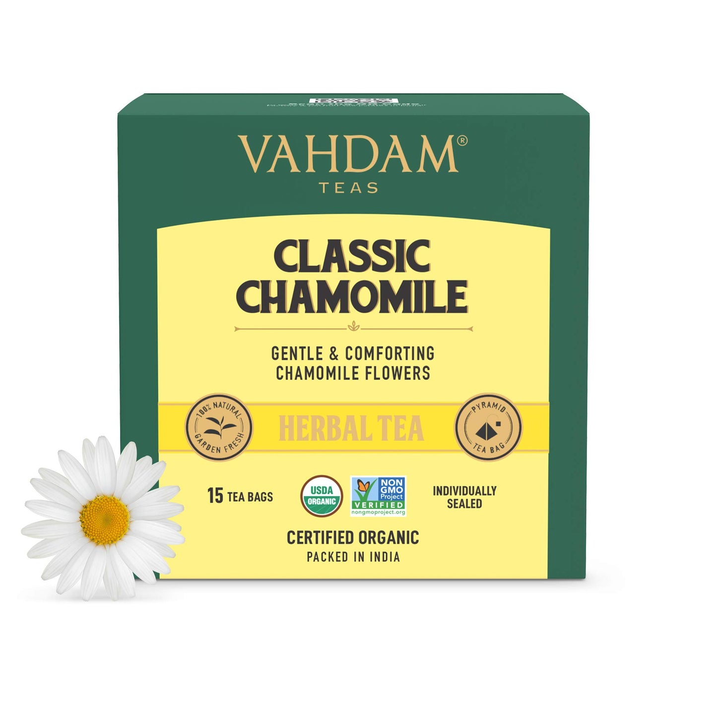 Vahdam, Chamomile Herbal Tea Bags (15 Count) Caffeine Free, Non Gmo, Gluten Free | 100% Pure Herbal Tisane - Sweet & Floral | Whole Leaf Tea Bags | Resealable Ziplock Pouch