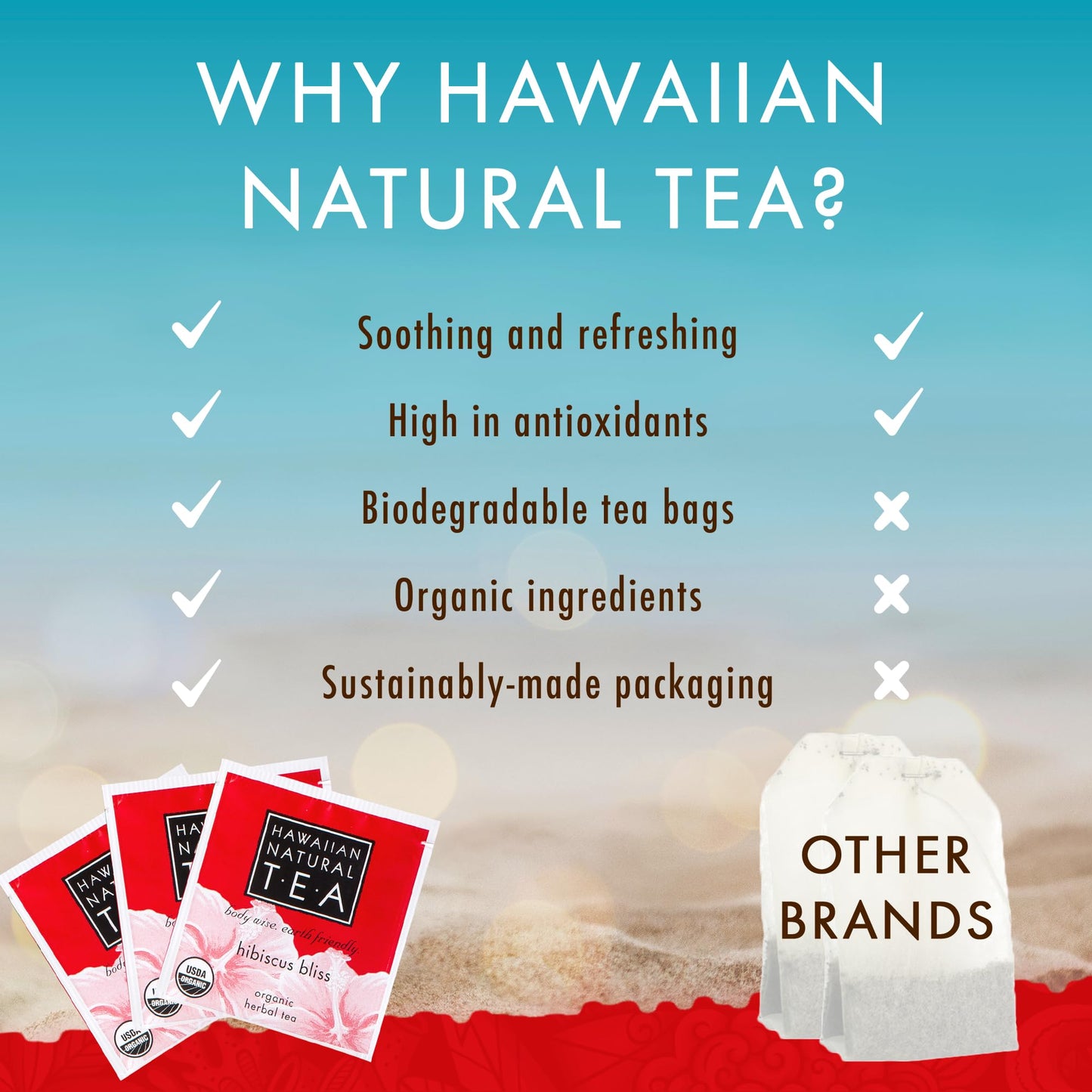 HAWAIIAN NATURAL T·E·A Organic Hibiscus Bliss Herbal Tea, Caffeine-Free, 20 Bags