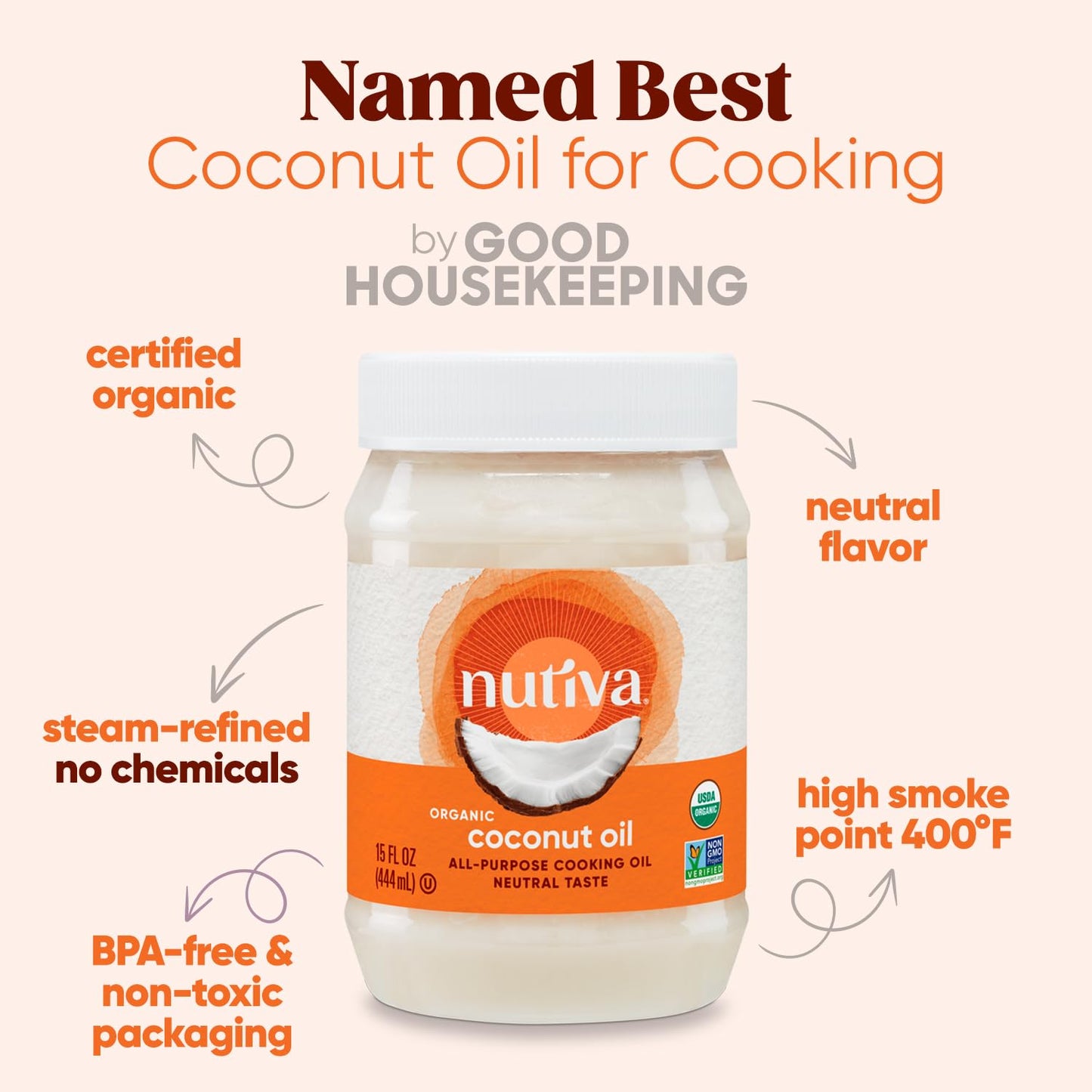 Nutiva Organic Steam-Refined Coconut Oil, 15 Fluid Ounce, USDA Organic, Non-GMO, Vegan, Keto, Paleo, Neutral Flavor and Aroma fo