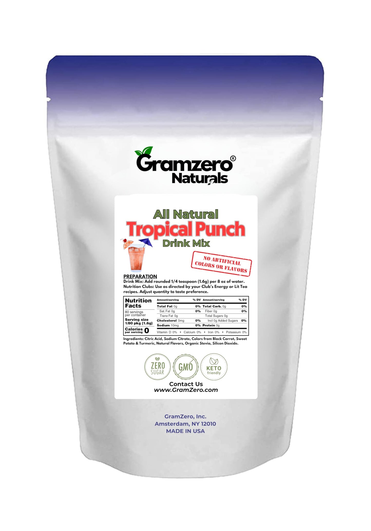 Gramzero All Natural Tropical Punch Zero Calorie Sugar Free Drink Mix, Great For Nutrition Club Loaded Tea, Stevia Sweetened