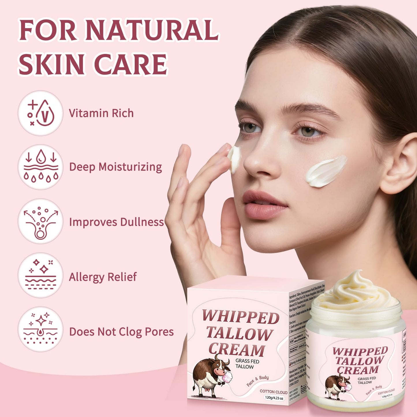 JUANCHI 100% Grass Fed Beef Tallow Moisturizer, 4.2oz Organic Whipped Cream for Face & Body, Natural for Dry & Sensitive Skin
