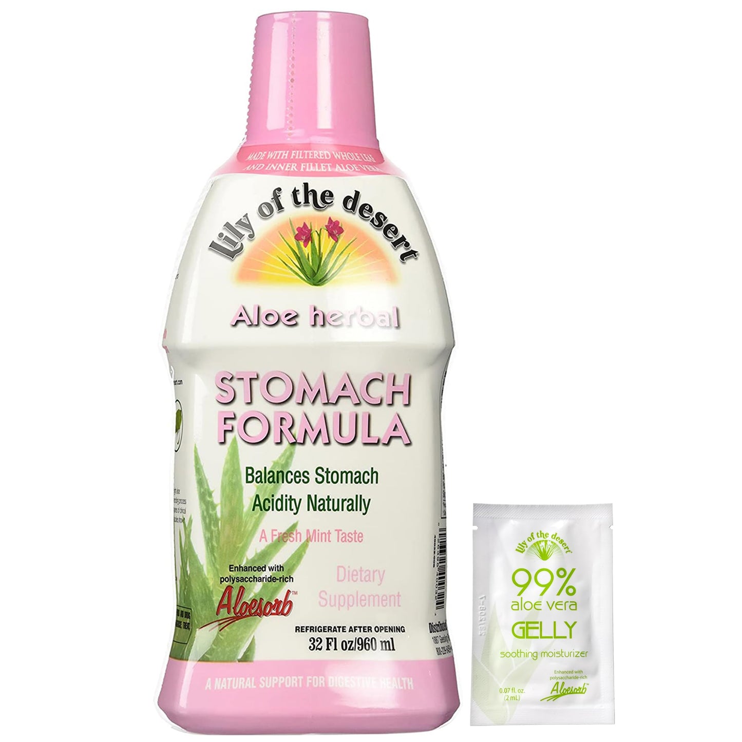 Lily of The Desert Stomach Formula, Organic Aloe Vera Juice with Slippery Elm, Chamomile, Peppermint, and Ginger for Gut Health, Acid Reflux, Heartburn Relief, 32 Oz, Gelly Sachet Included.