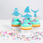 Ercadio Shark Cupcake Toppers - 24 Piece Assortment, Blue Glitter Shark Fin, Ocean Animals Theme for Baby Shower & Kids Birthday Party