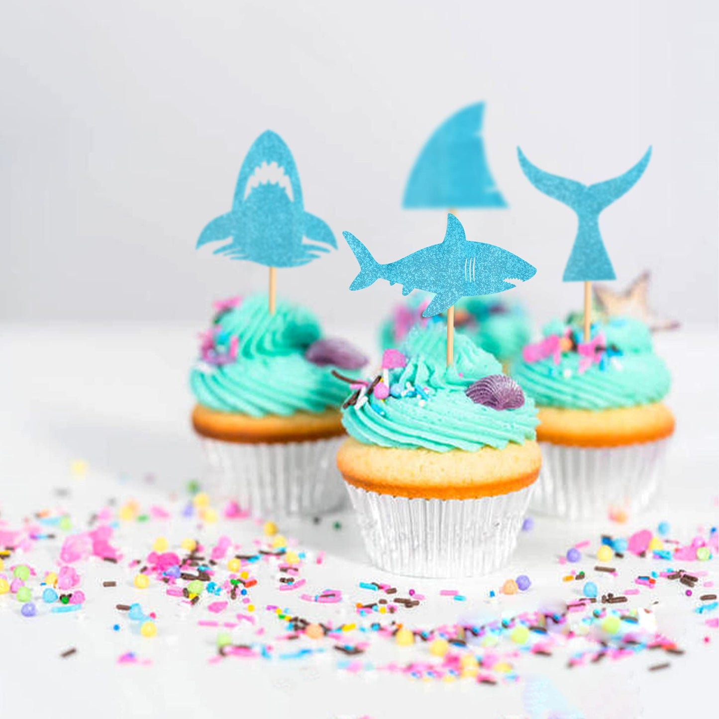 Ercadio Shark Cupcake Toppers - 24 Piece Assortment, Blue Glitter Shark Fin, Ocean Animals Theme for Baby Shower & Kids Birthday Party