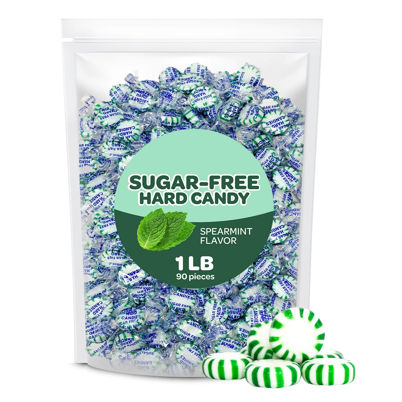 Sugar-Free Starlight Mints - 1 Pound Pack (About 90 Count) - Spearmint Hard Candy - Individually Wrapped