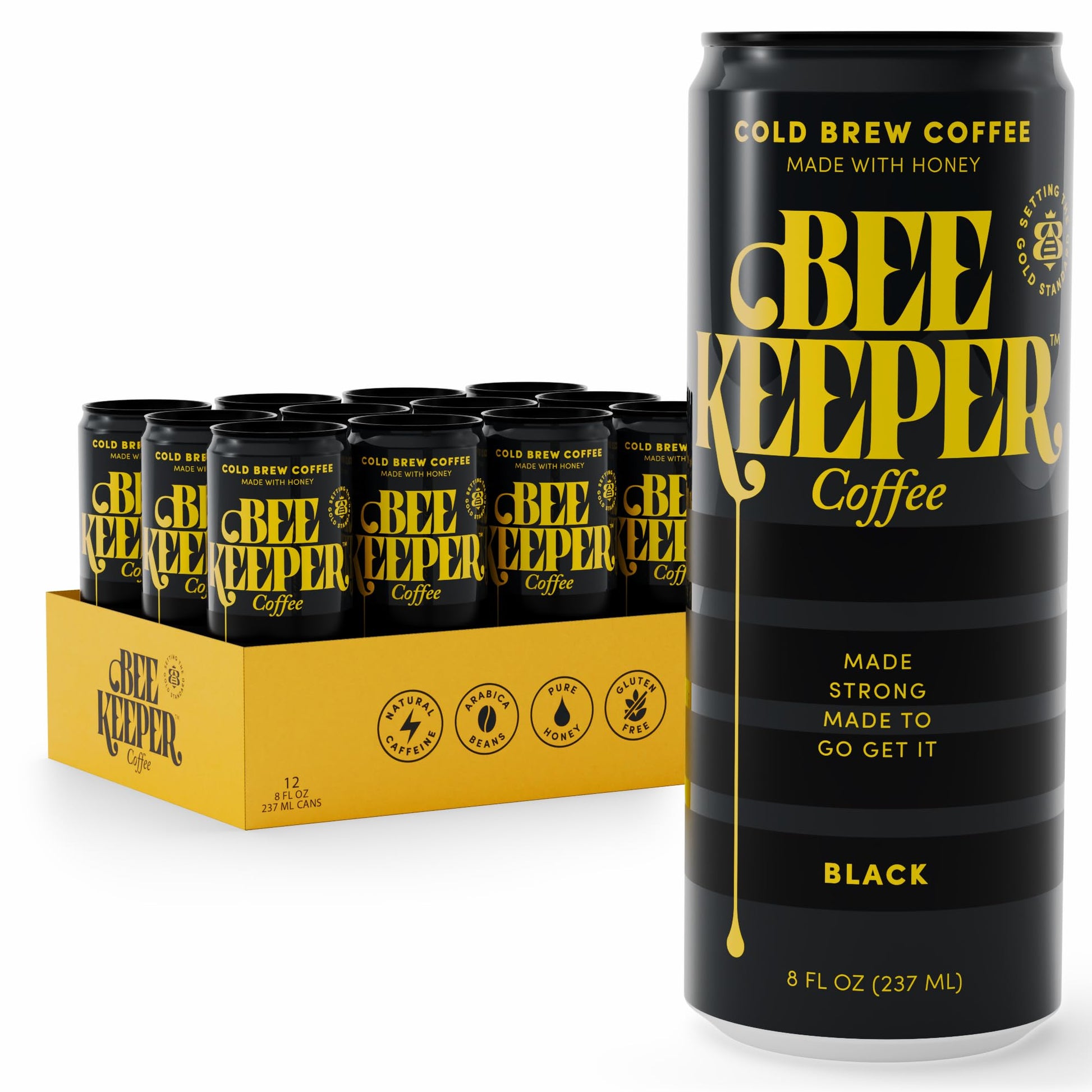 Beekeeper Coffee Black Cold Brew with Oregon Honey  8 fl oz cans (Pack of 12)  Ready-to-Drink  180mg Natural Caffeine