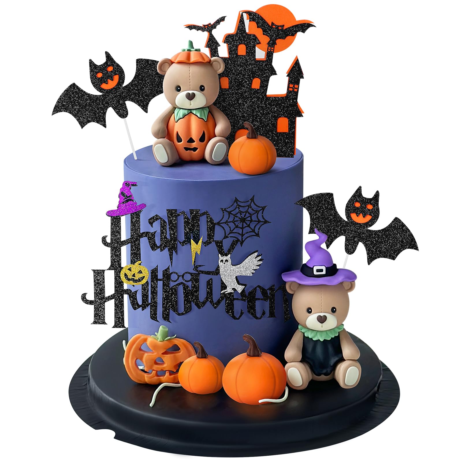 9 PCS Halloween Cake Topper Witch Bear Cake Topper Pumpkin Bat Cake Decorations with Happy Halloween Cake Decorations for Scary Party Supplies